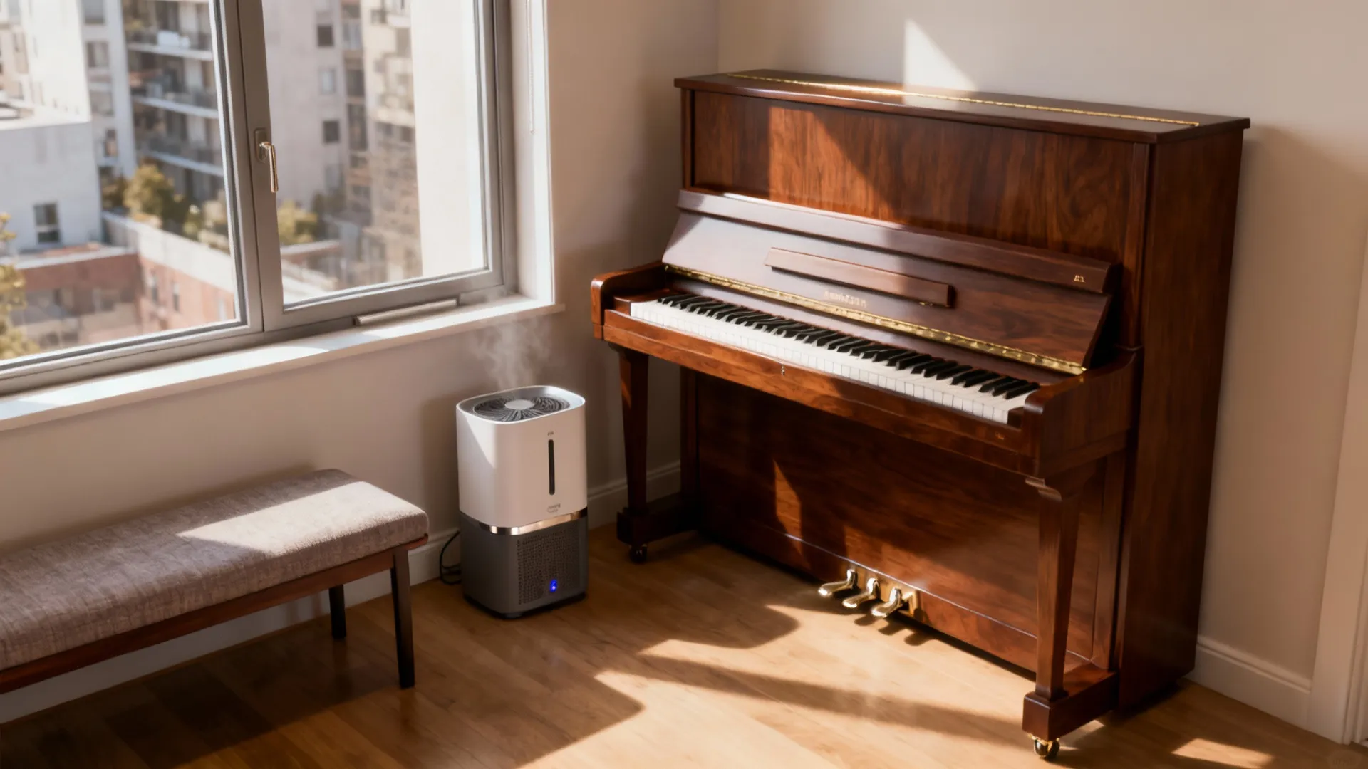 Baby grand piano positioned away from direct sunlight with a discreet humidifier nearby for climate protection.