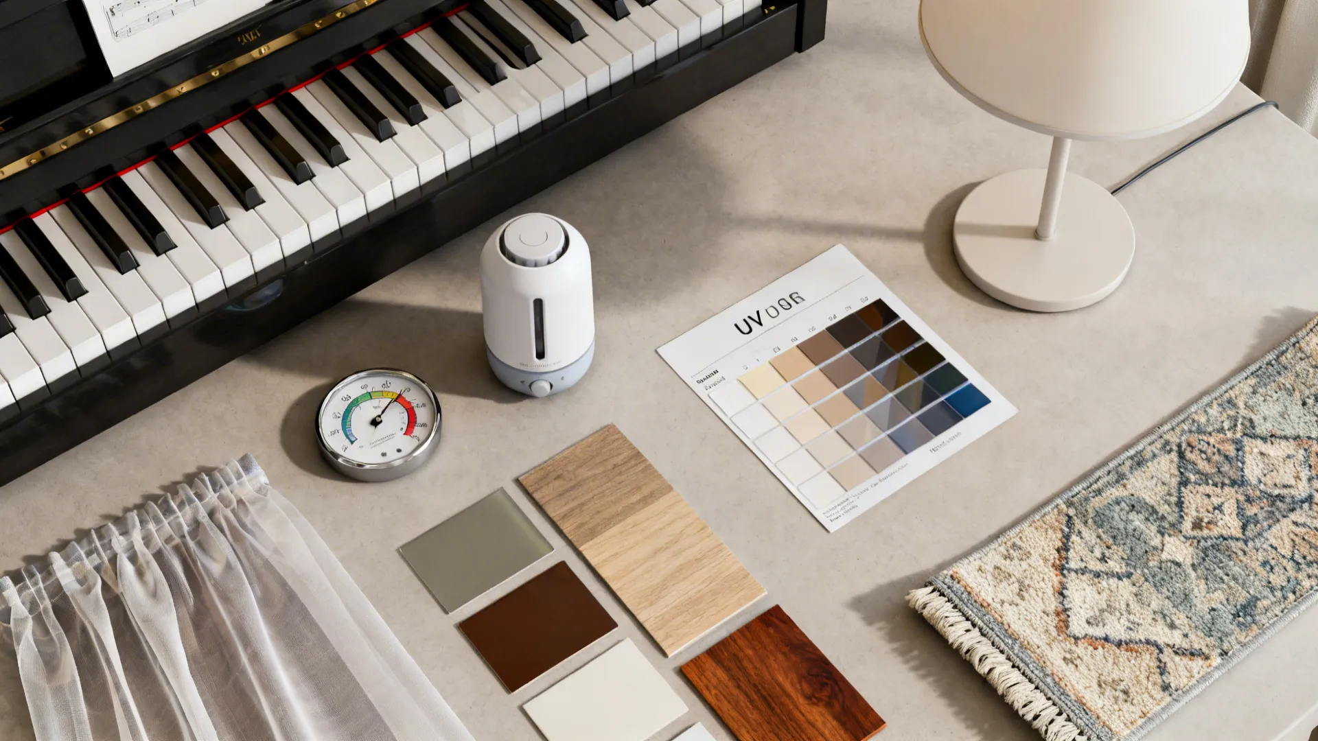 Flatlay of hygrometer, humidifier, fabric swatches, lamp and finish samples for piano care.