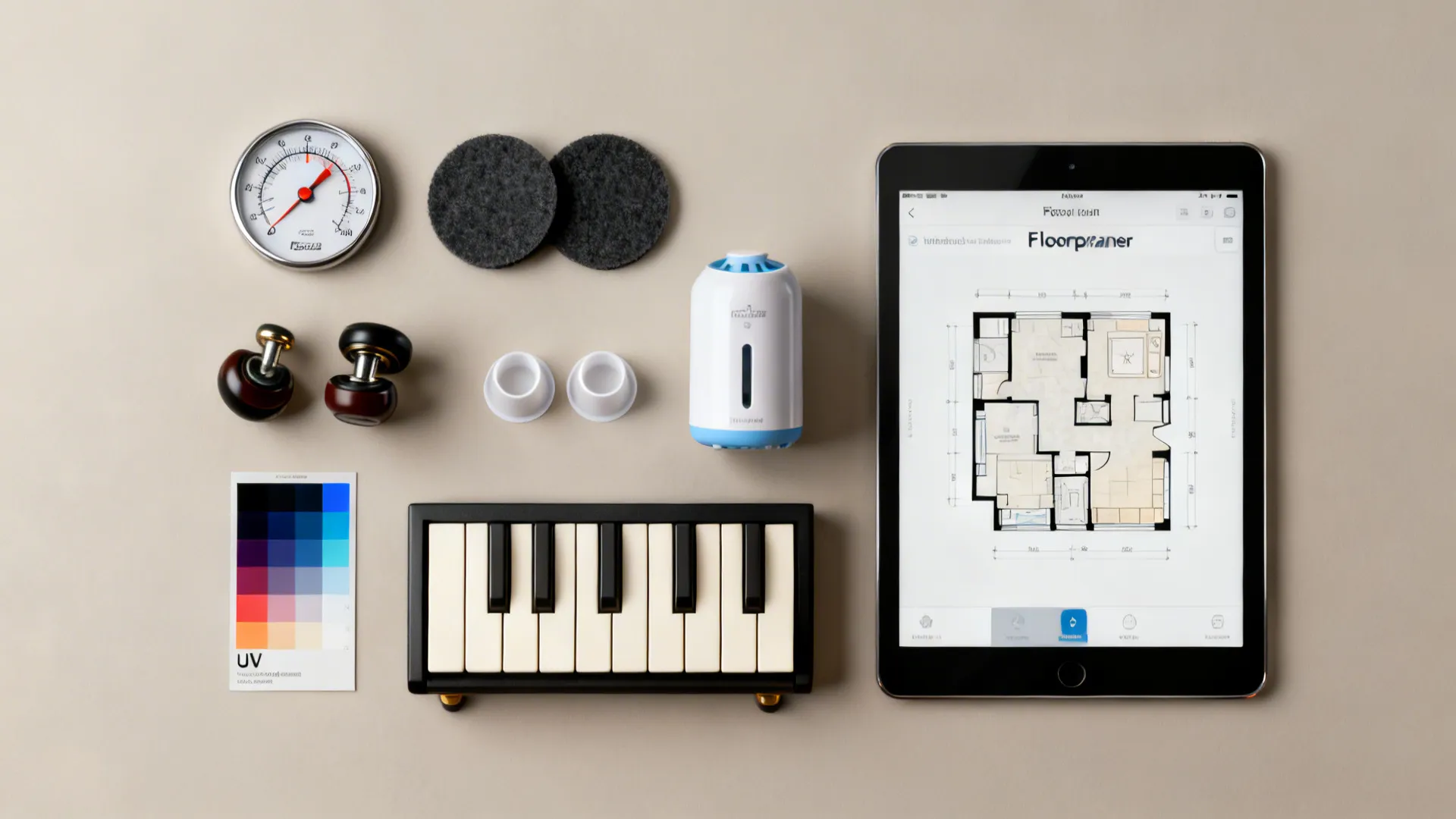 Flatlay of piano care items: humidifier, felt pads, caster cups, UV film swatch and floorplanner tablet.