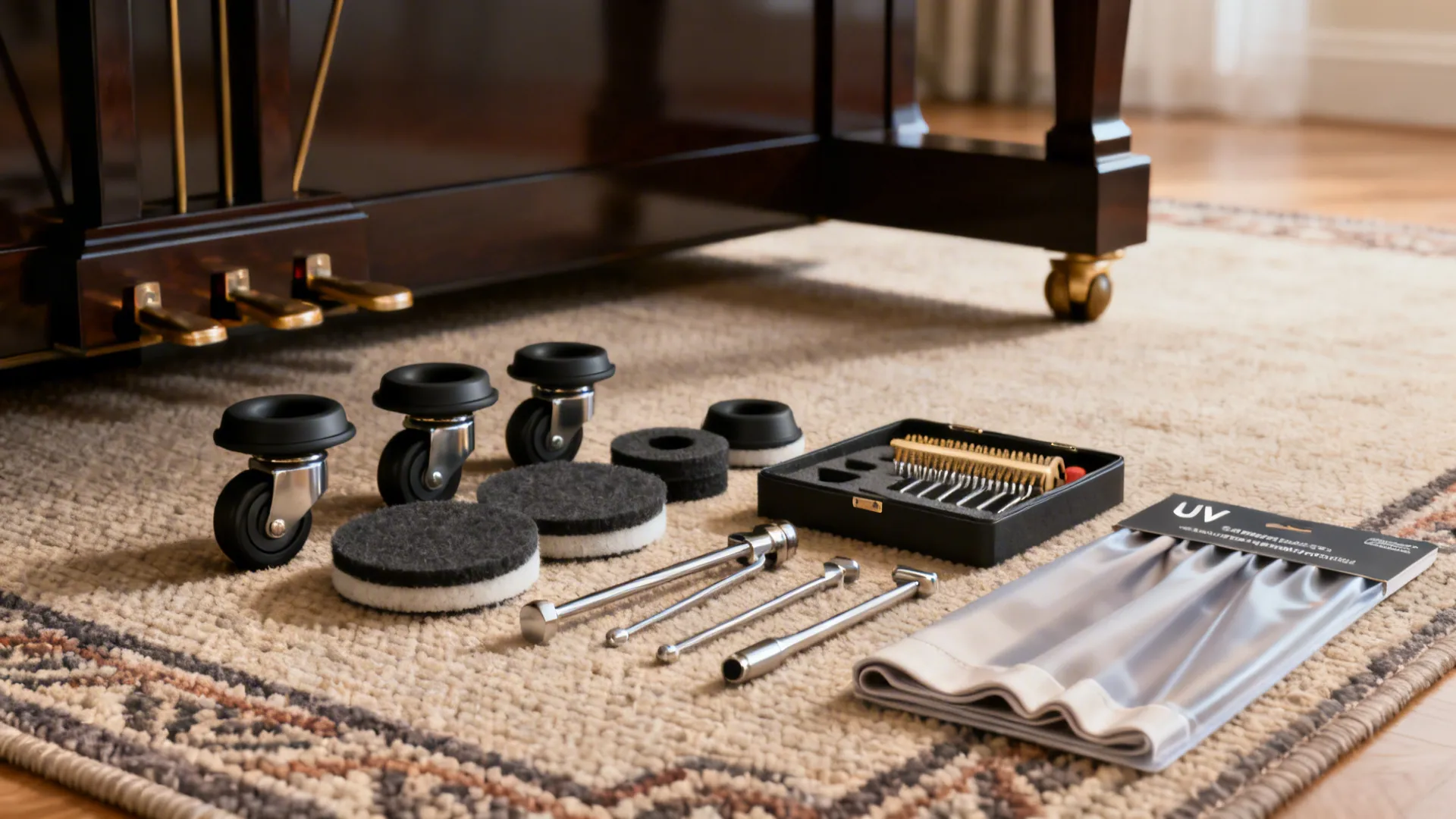 Caster cups, furniture pads and a tuning kit arranged on a rug for piano care.