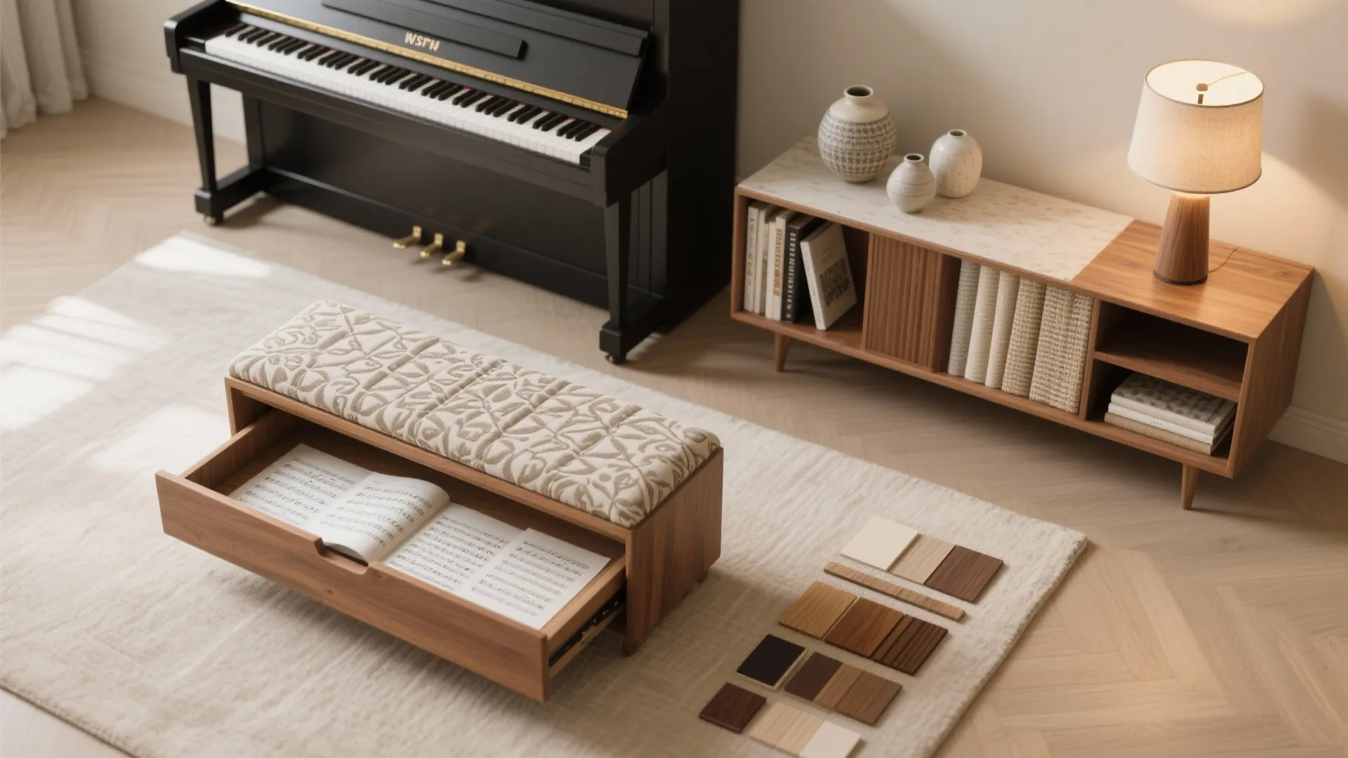 Black upright piano and wooden cabinet with table lamp and patterned footrest in cozy room