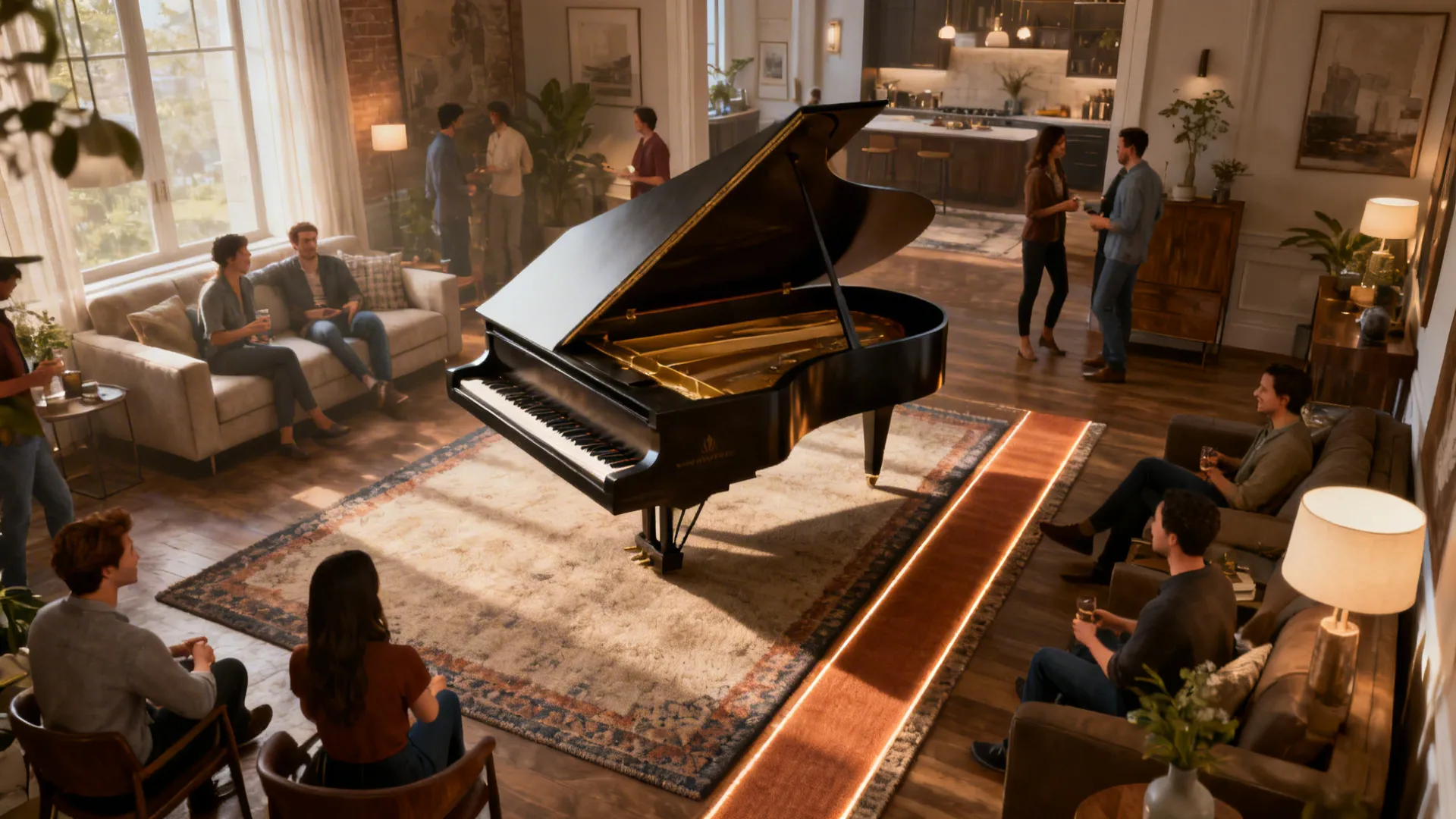 Angled upright piano floated in a central corner with a rug defining the playing zone.
