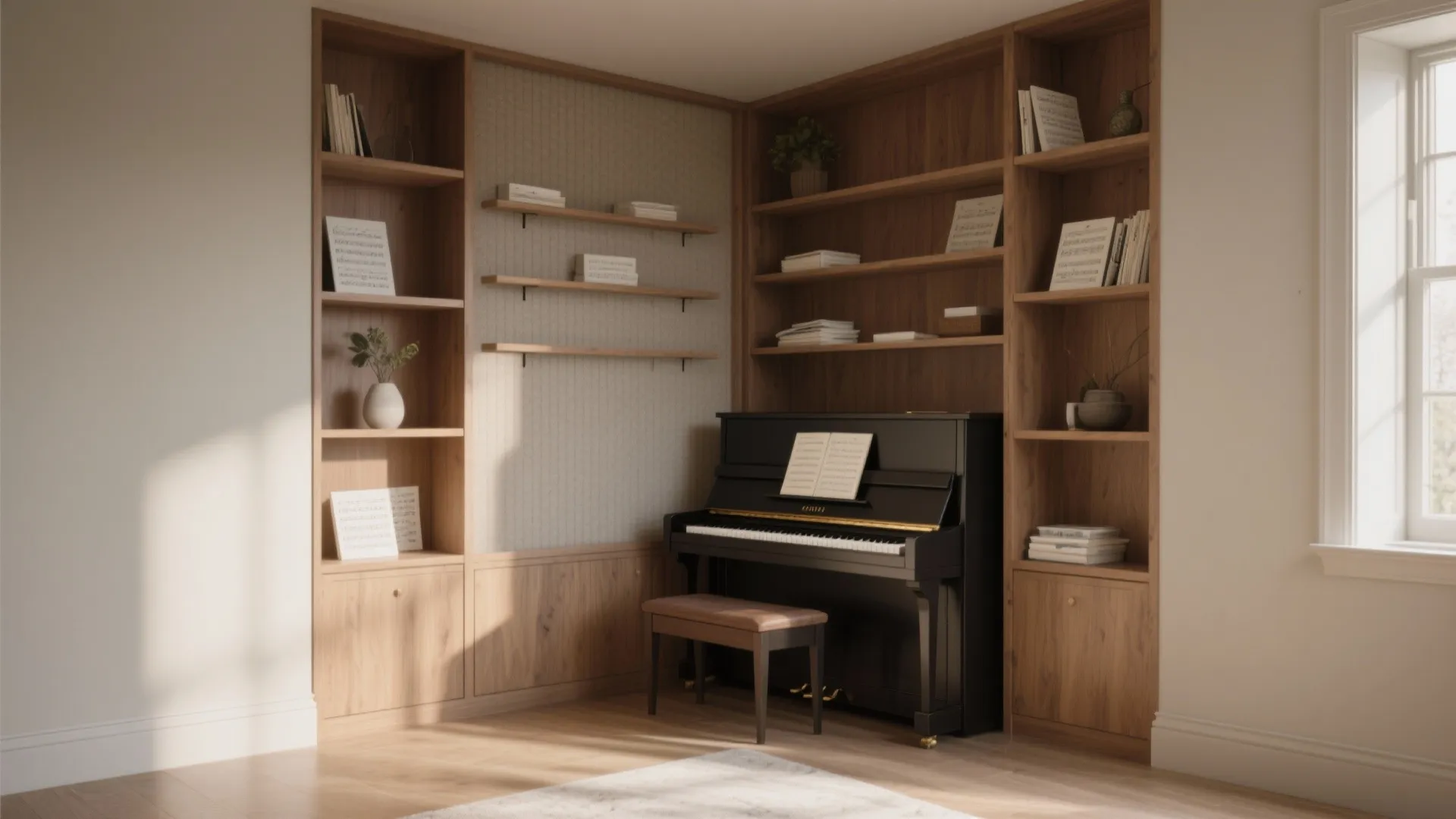 Compact Piano Corner with Built-in Shelving