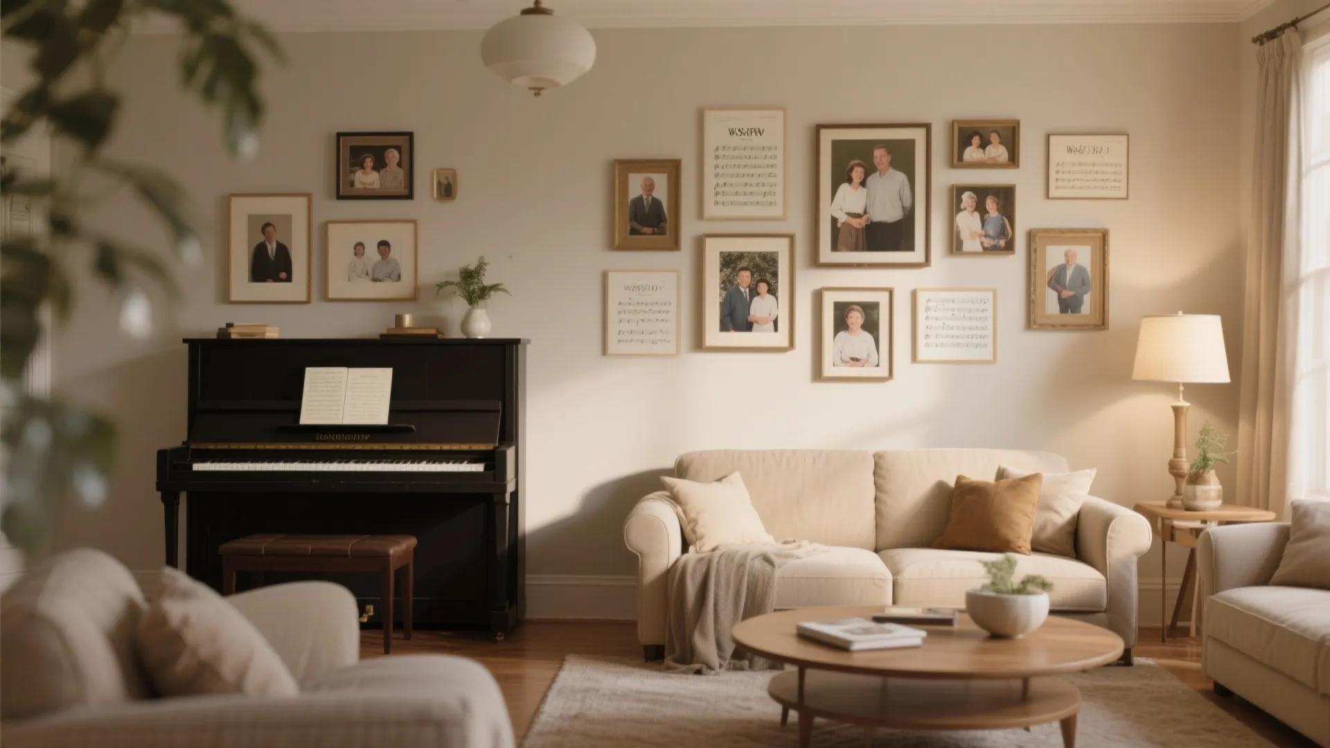Cozy living room with black upright piano sofa and gallery wall with many family photos