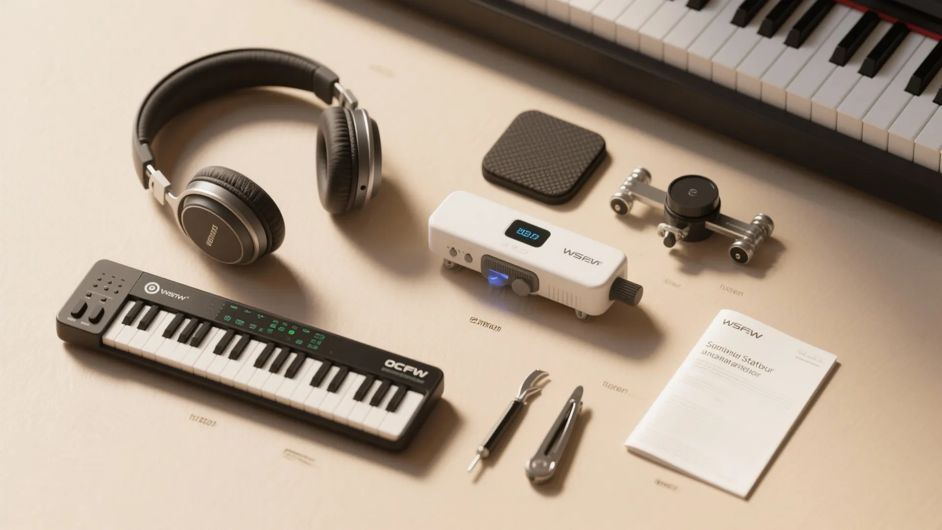 Collection of music equipment including headphones small keyboard and white light fixture on cream background