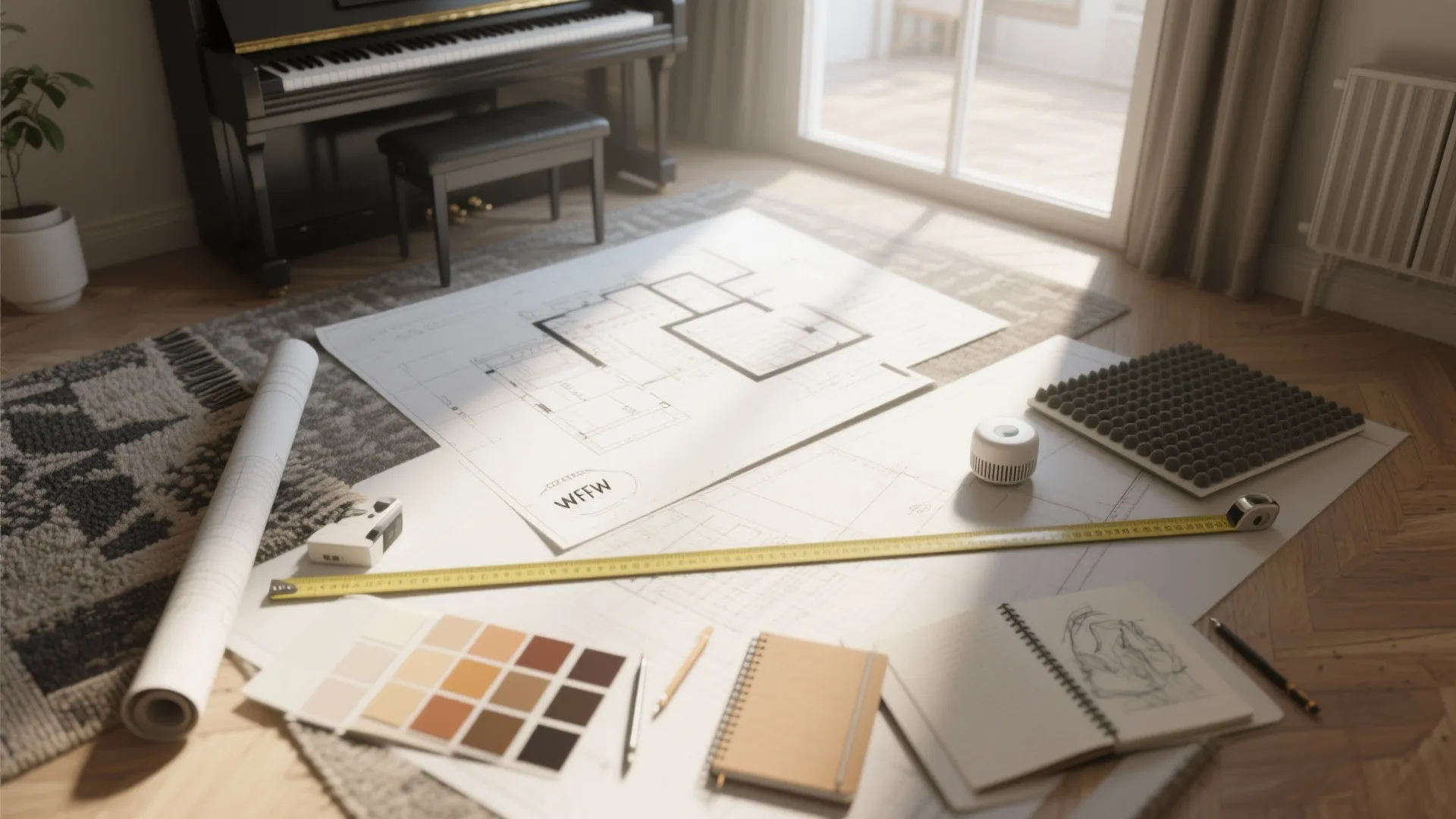 Interior design drawing with color palette and measuring tape on floor with black piano in background