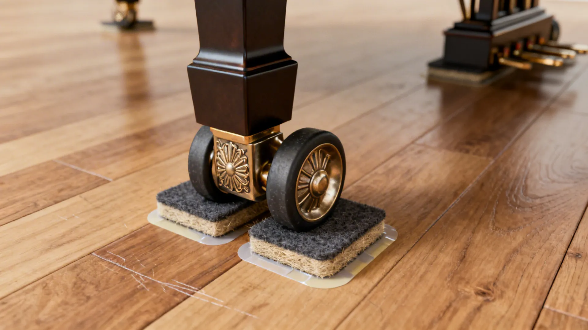 Close-up of piano caster and high-density felt pad protecting a hardwood floor