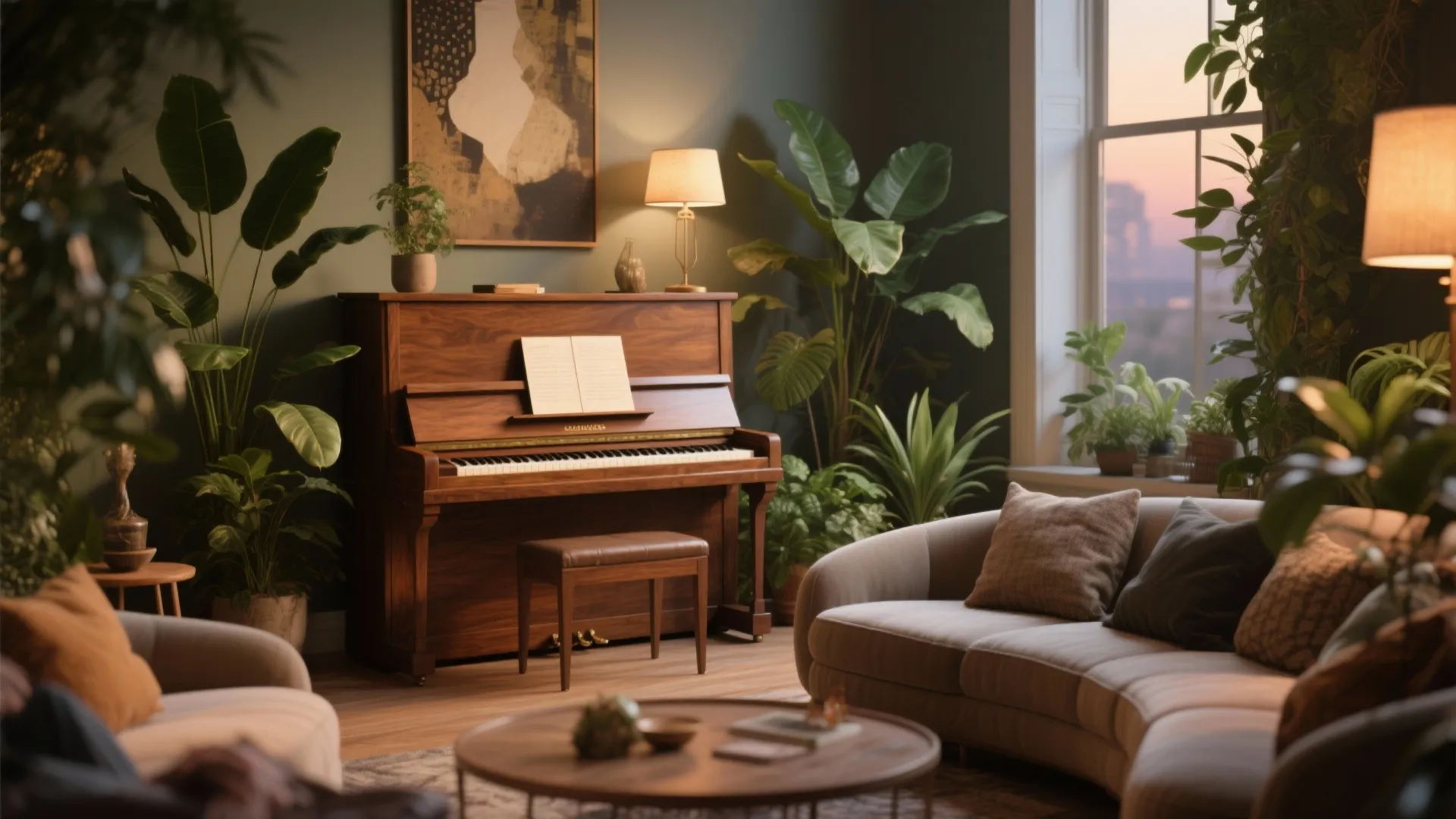 Cozy living room featuring a wooden piano surrounded by green indoor plants and warm lighting