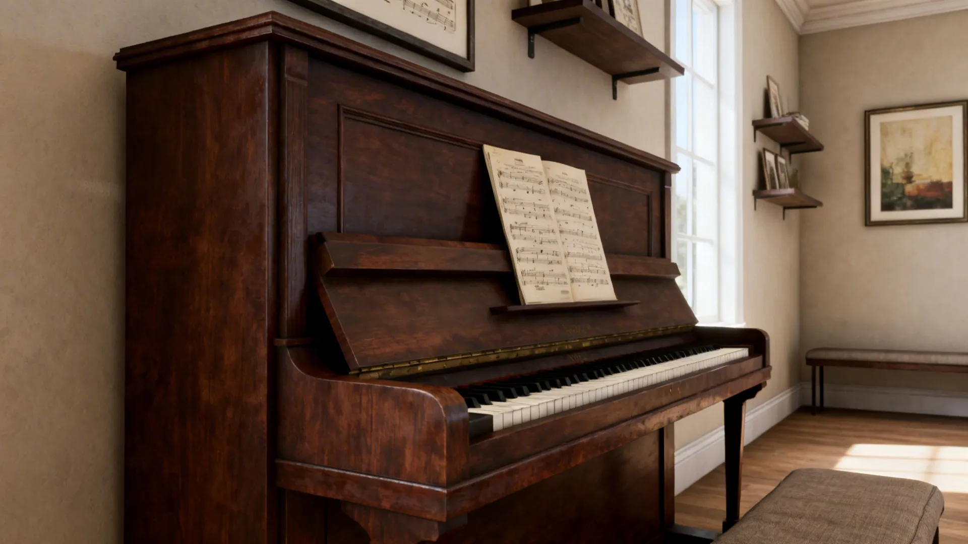 Close-up of an upright piano finish with shelves and framed art above in a living room.
