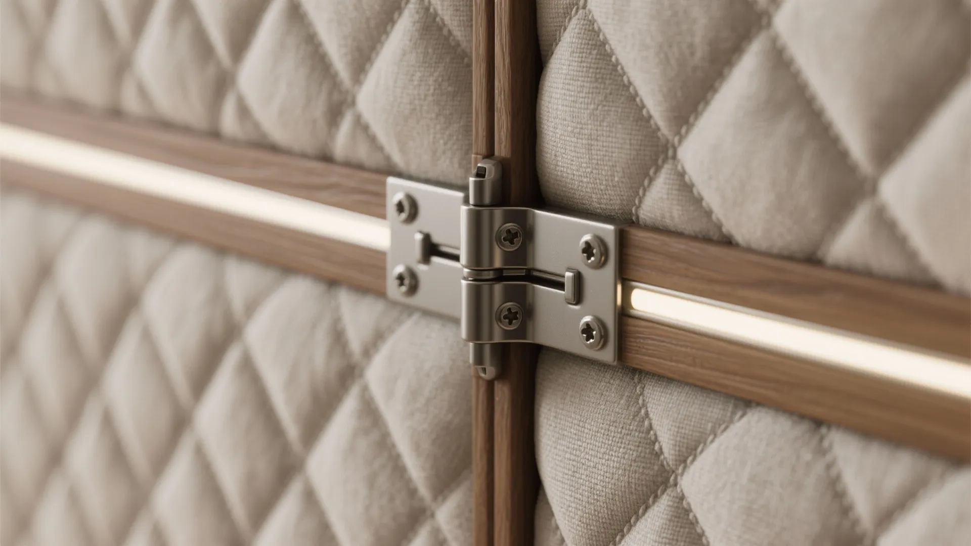 Close up of metal hinge connecting wood frame panels with integrated light and quilted fabric