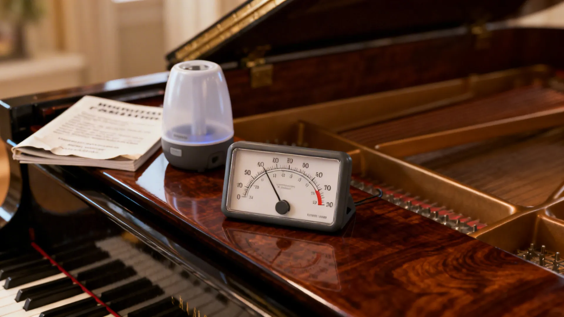 Hygrometer and humidifier on a piano surface indicating proper humidity care.