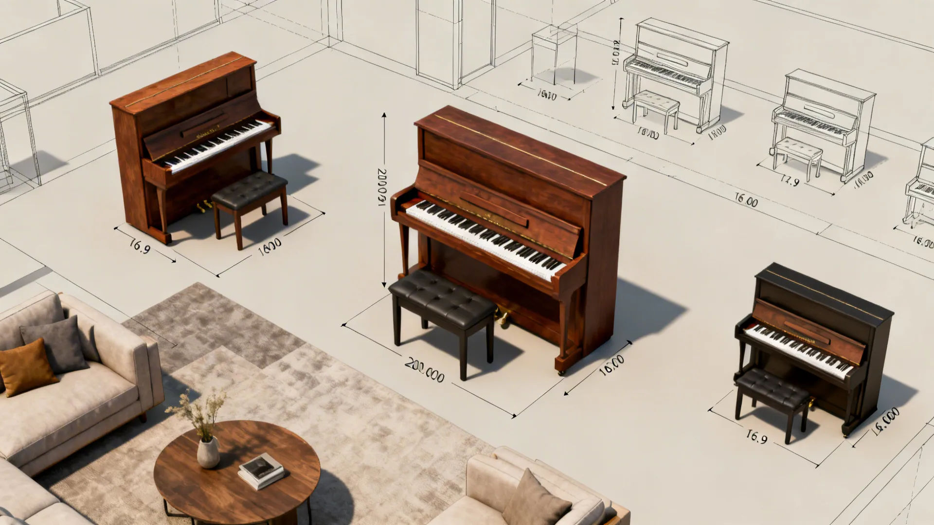 Top-down mock-up showing multiple upright piano placement options with clearance indicators.