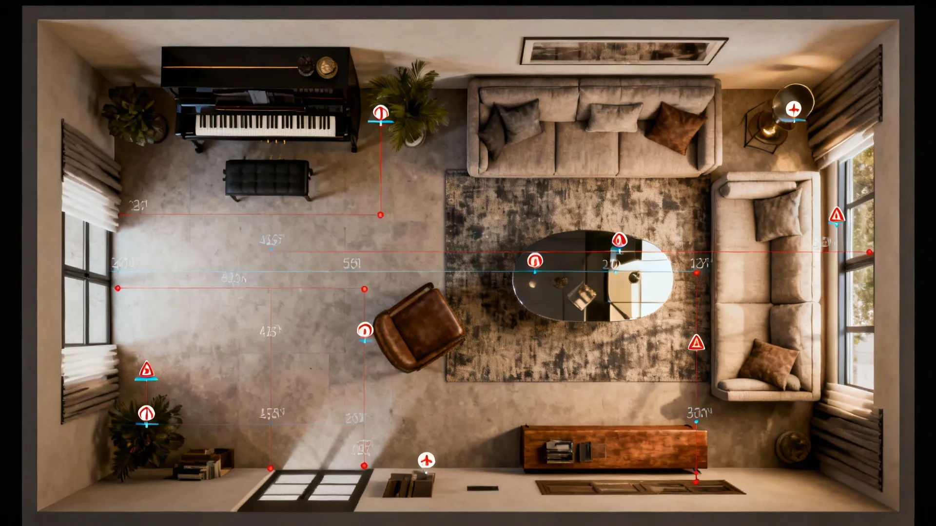 Top-down floor plan illustrating piano placement, circulation paths, rug zones and storage tips for small music spaces.