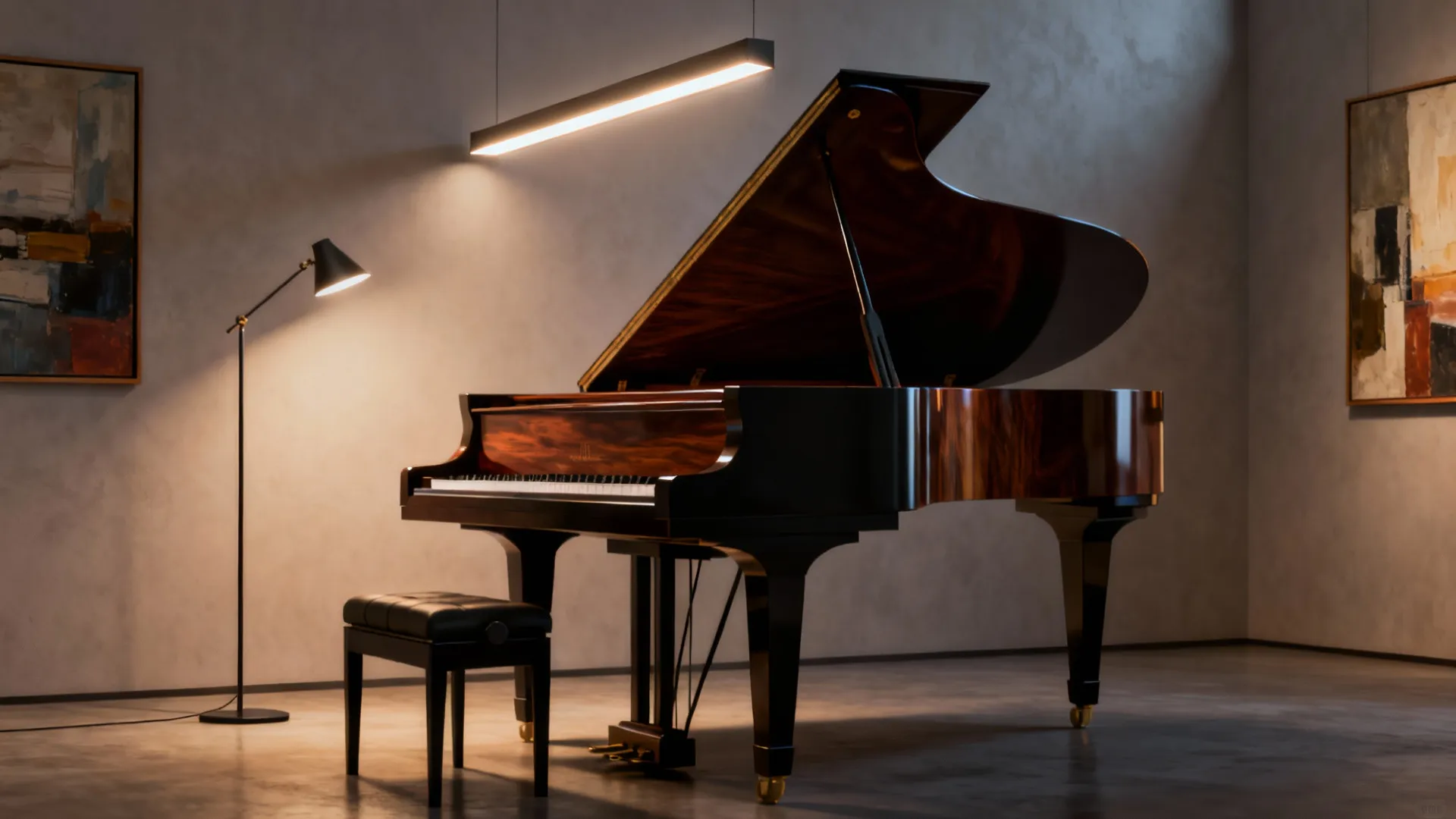 Piano highlighted by a slim picture light and floor lamp with curated artwork beside it, creating a gallery-like focal point.