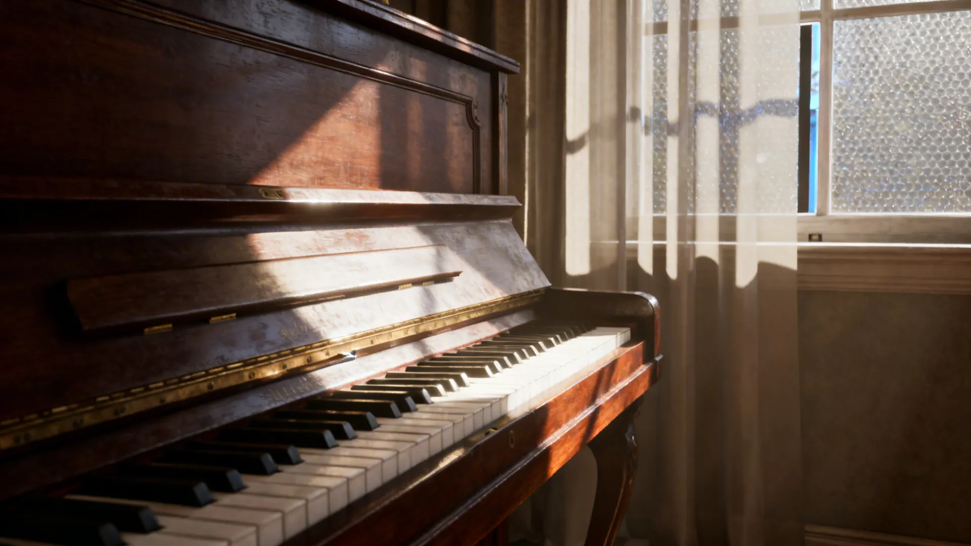 Piano keyboard near a window filtered by sheer curtains and UV protection.