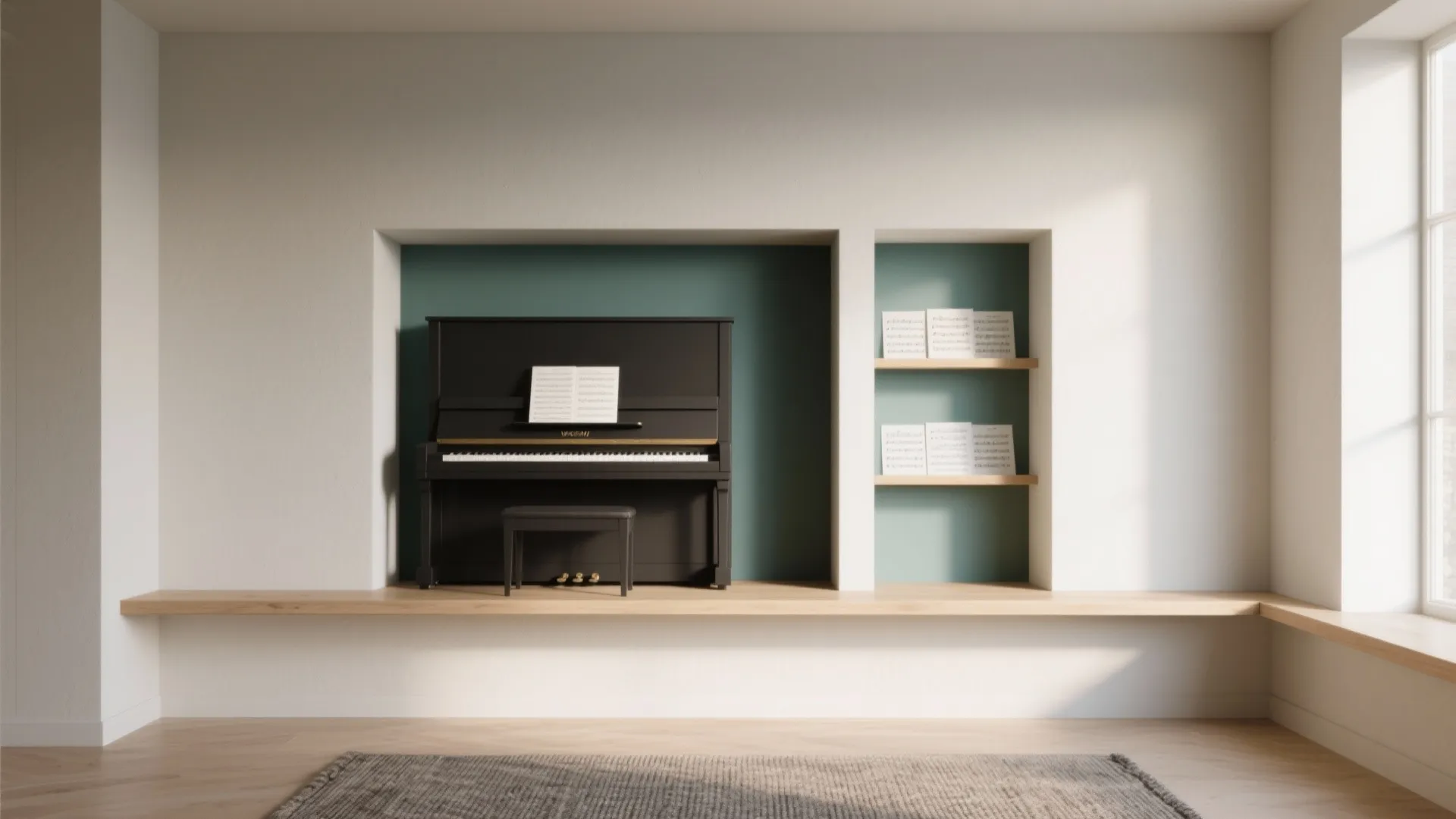 Black piano in green wall niche next to wooden shelves with music sheets and windows