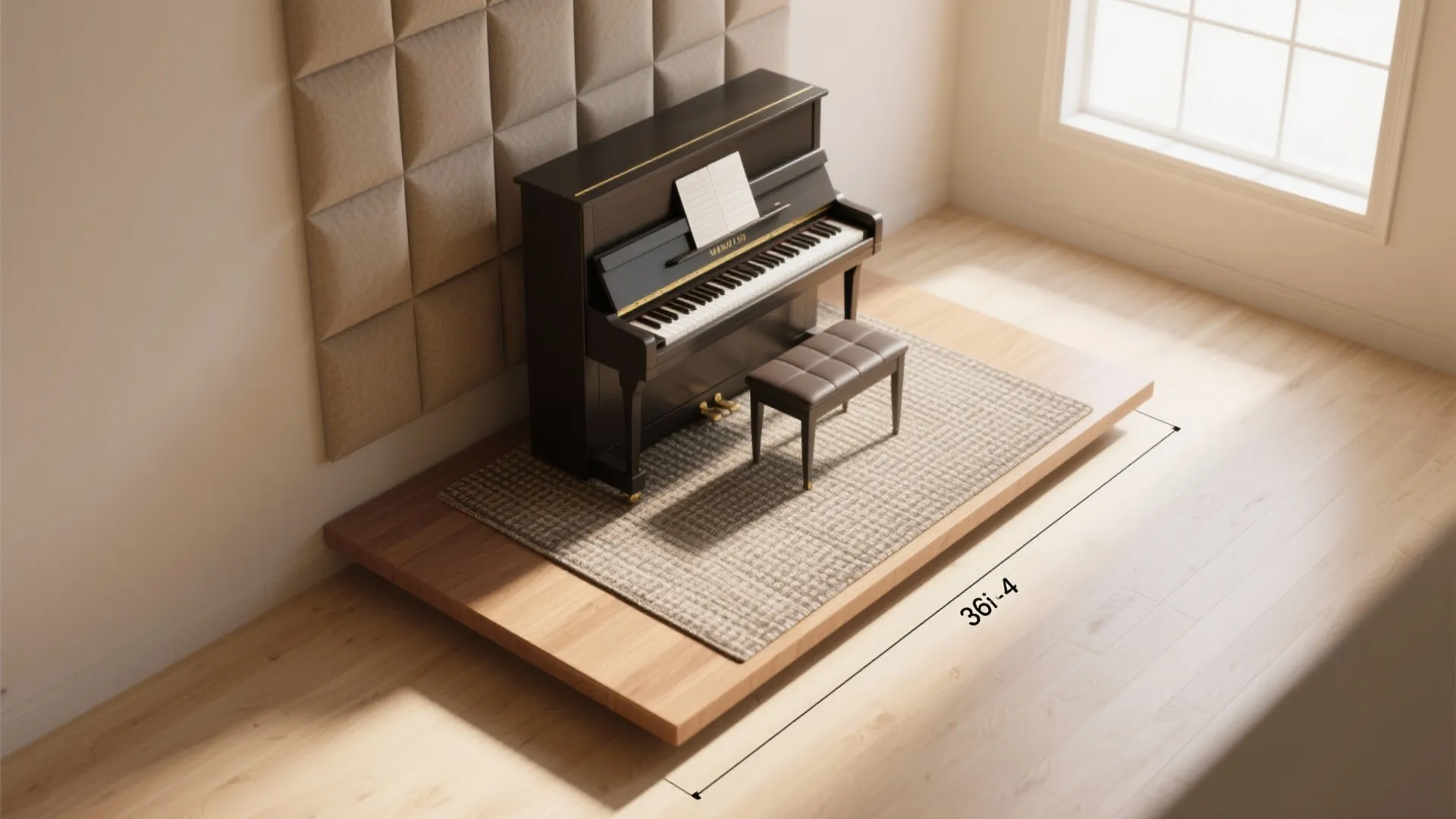 Upright black piano on wooden floor platform with a small rug and padded wall panel