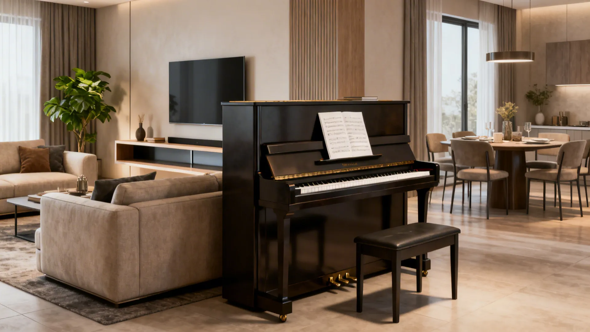 Upright piano positioned with its back to the sofa to divide an open-plan living and dining area.