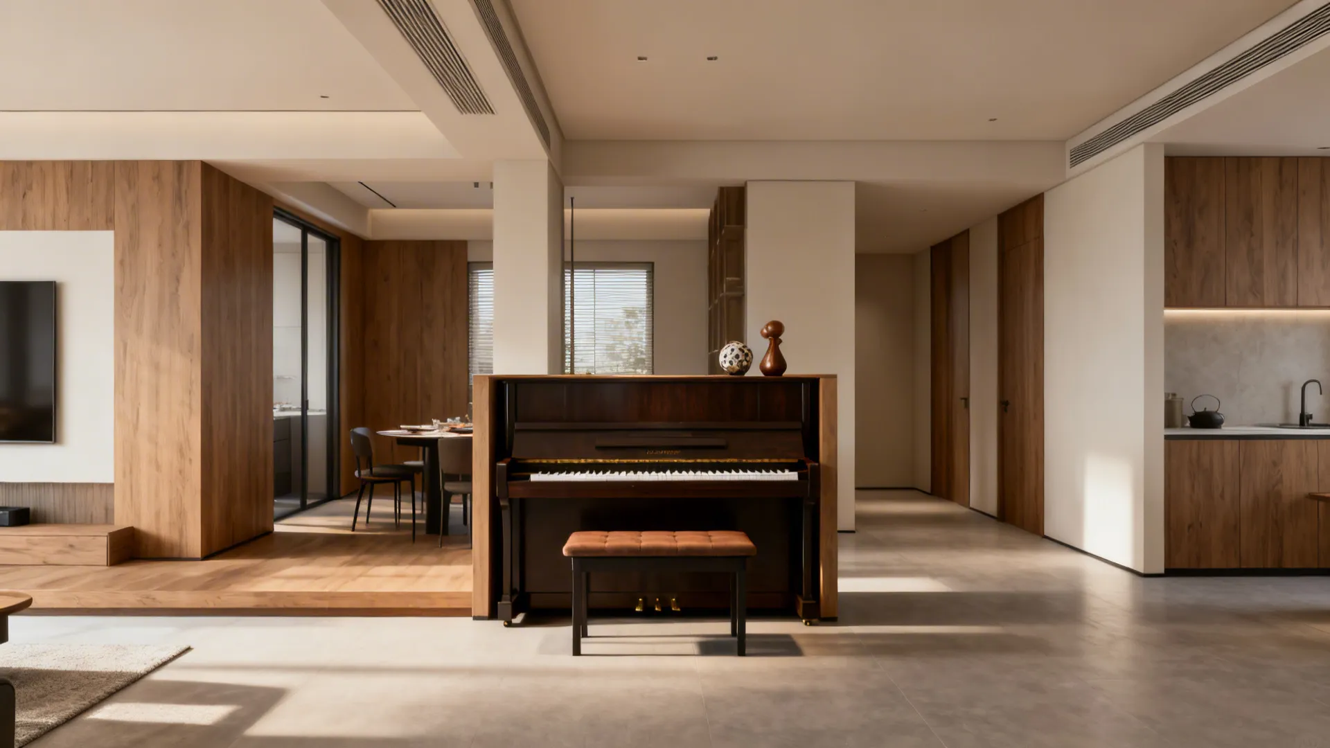 Upright piano acting as a low divider between living and dining spaces with clear bench clearance.