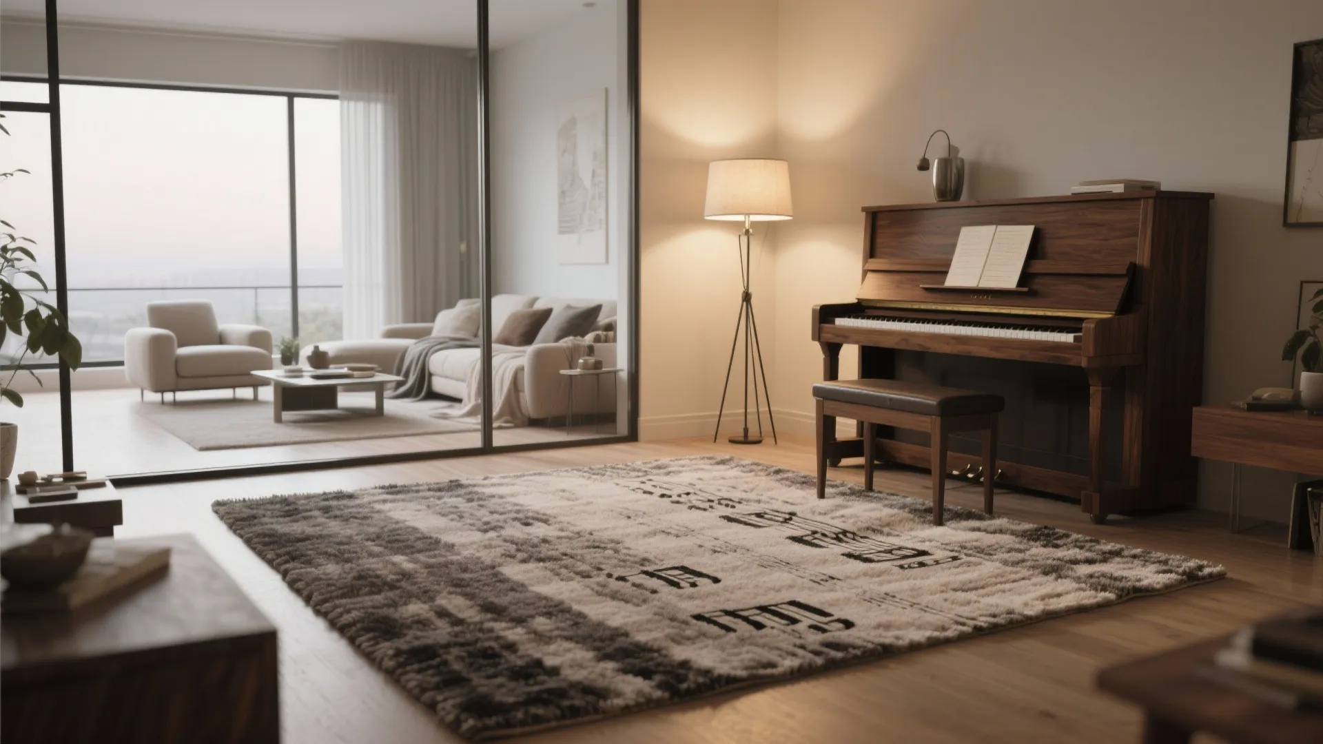 3. Zone with rugs and lighting — not bulky dividers