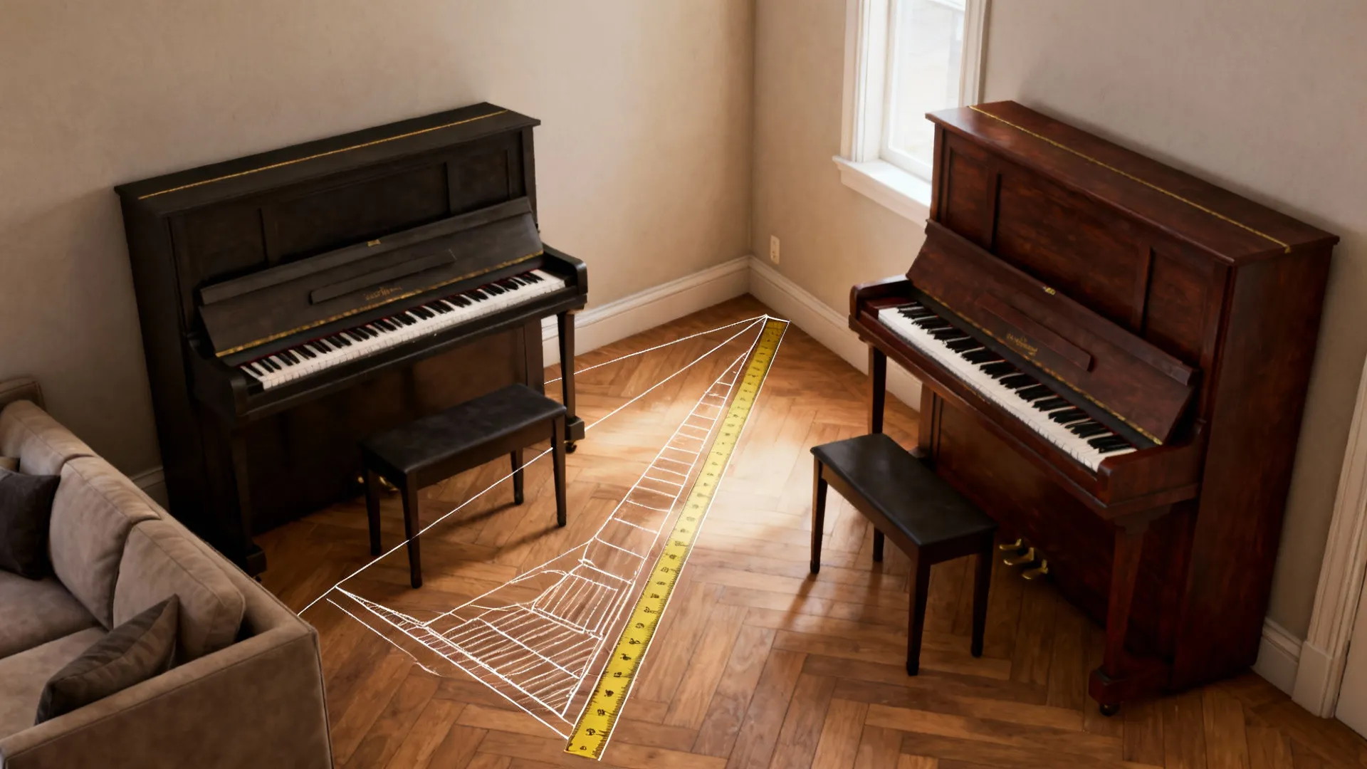 Comparison of baby grand and slim-tail piano placements in a small apartment showing sightlines and circulation.
