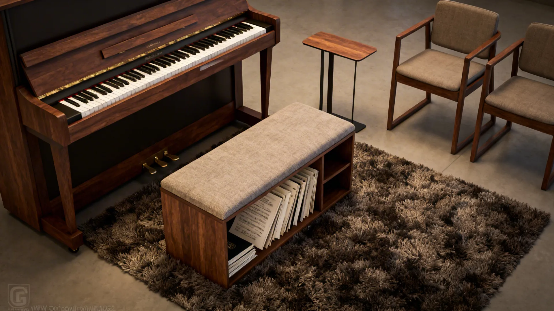 Storage bench beside a baby grand piano serving as seating and instrument storage