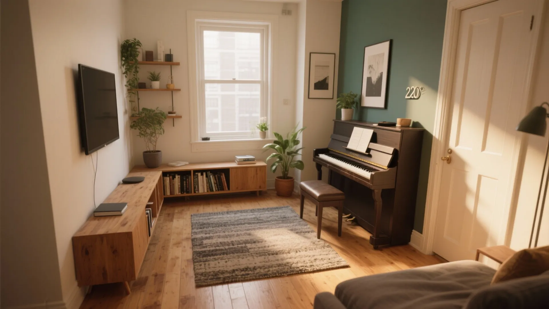 Cozy room with black piano, green wall, wood floor, low cabinet, rug, and green plants