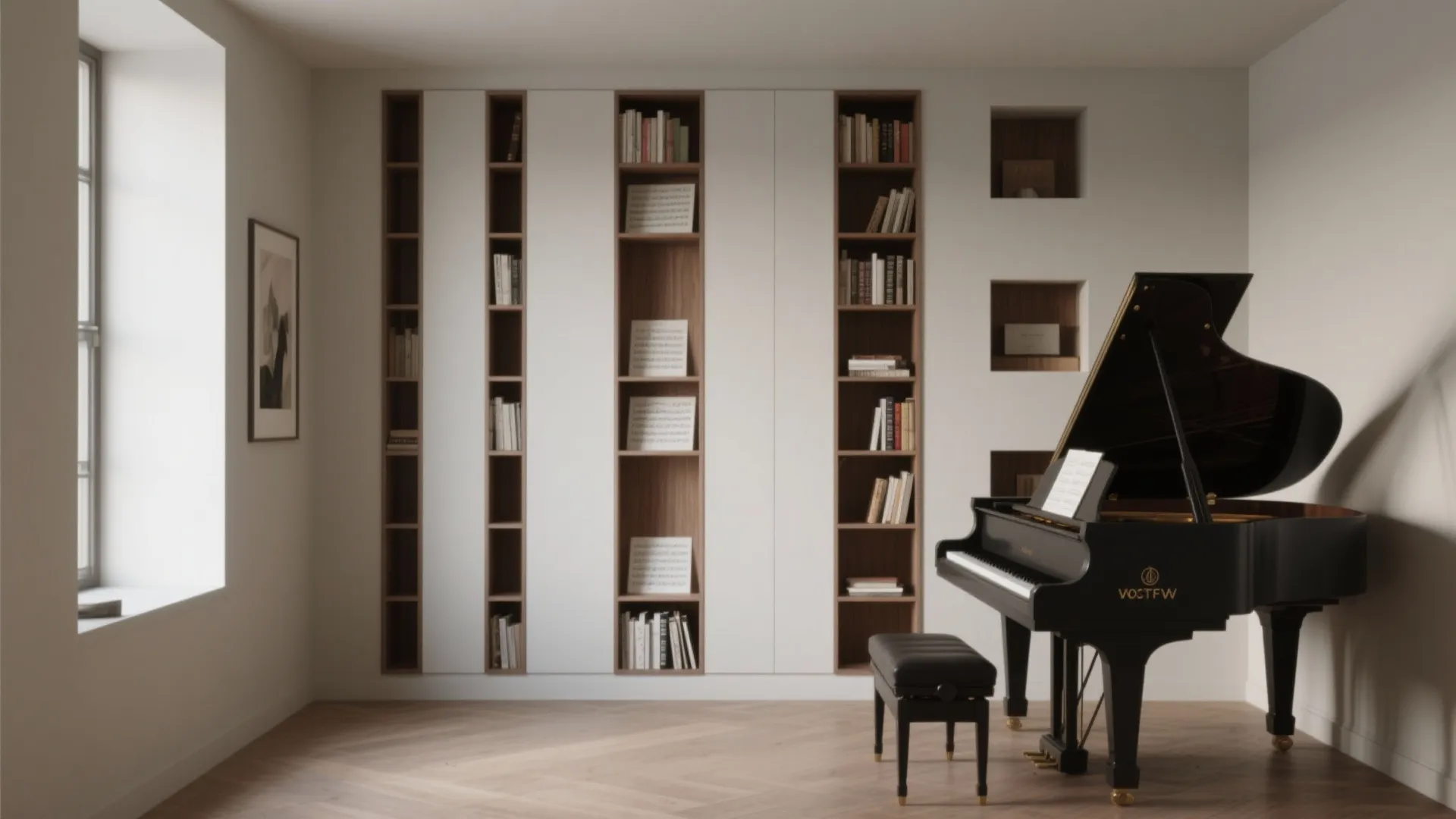 Modern music room featuring black grand piano wood flooring white walls and tall vertical book shelves