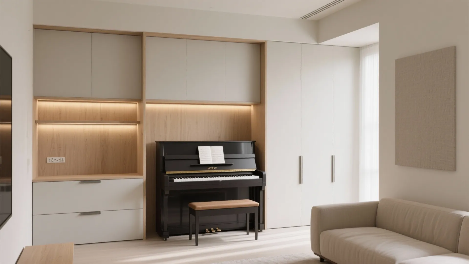 1) Minimal wall system: a custom “piano wall” that hides chaos