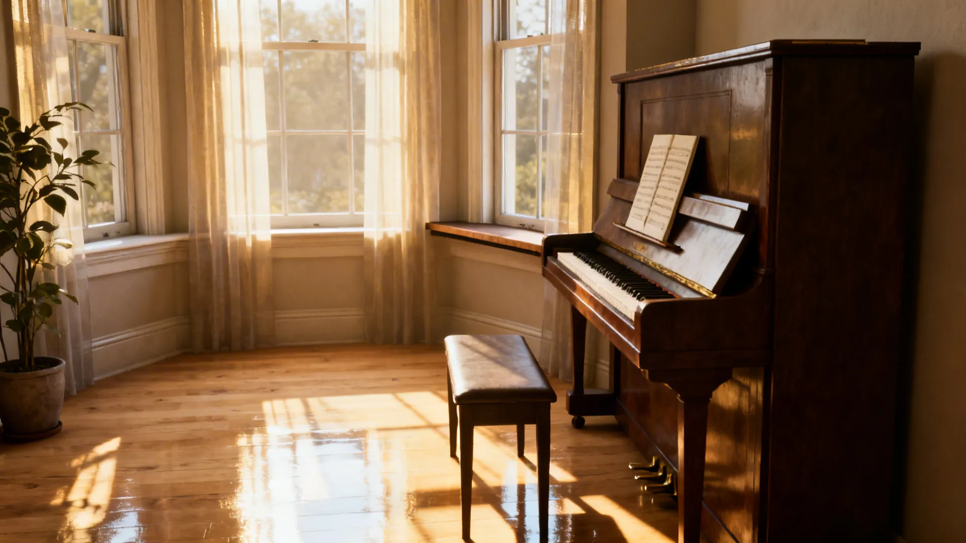 Upright piano tucked by a bay window with soft side light and slim bench in a cozy nook.