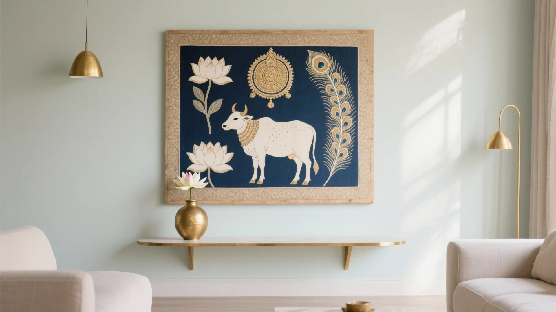 Pichwai-Inspired Panel Above a Slim Console