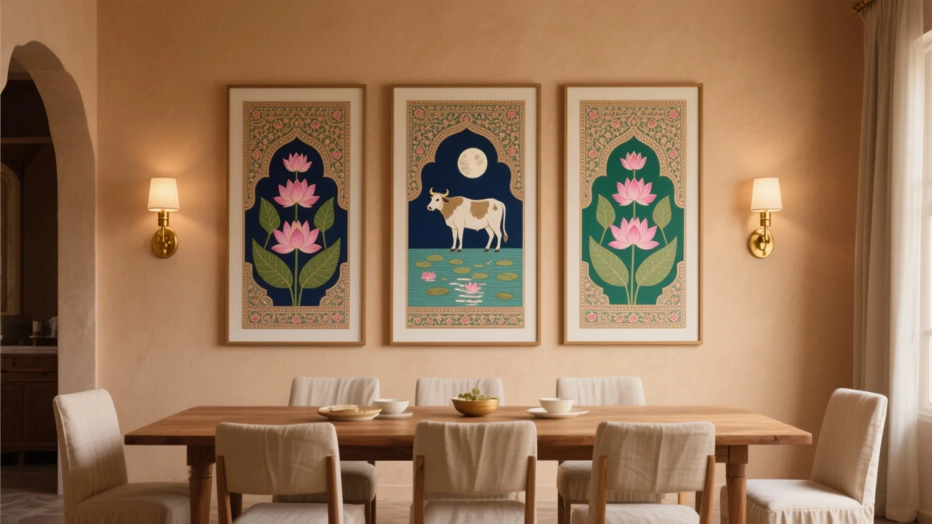 Dining room with three traditional wall panels showing lotus flowers and a cow above table