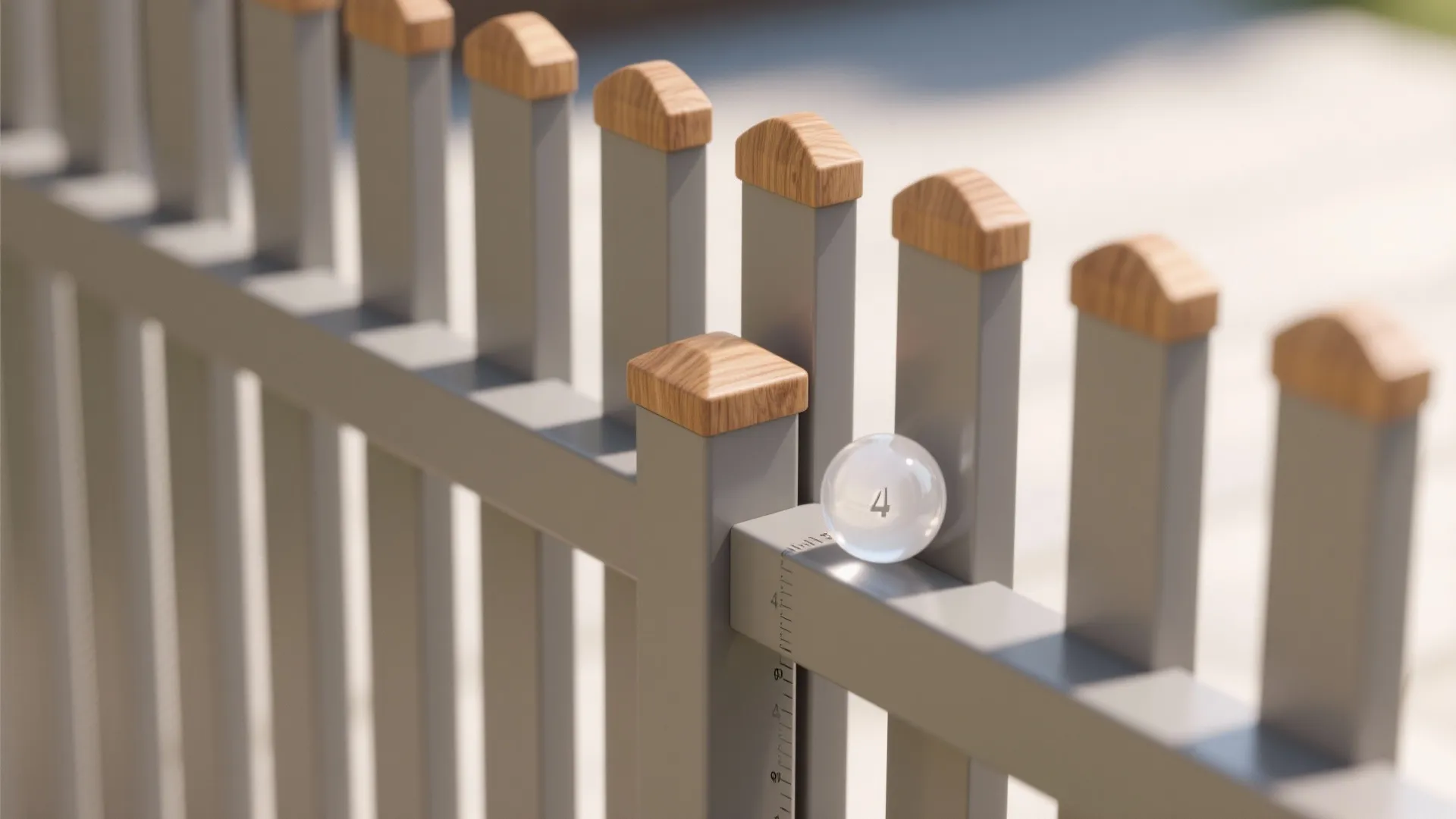 Modern grey garden fence with wooden caps and a clear ball showing a measurement distance