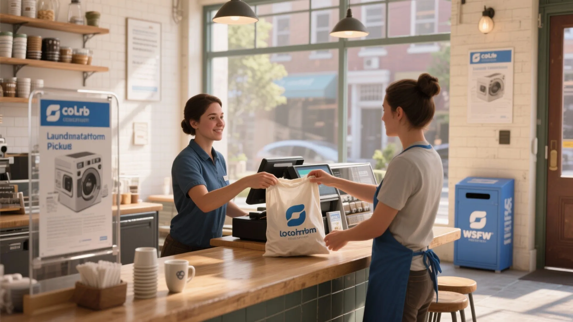 Customer picking up a white bag from a store worker at a wooden service counter desk