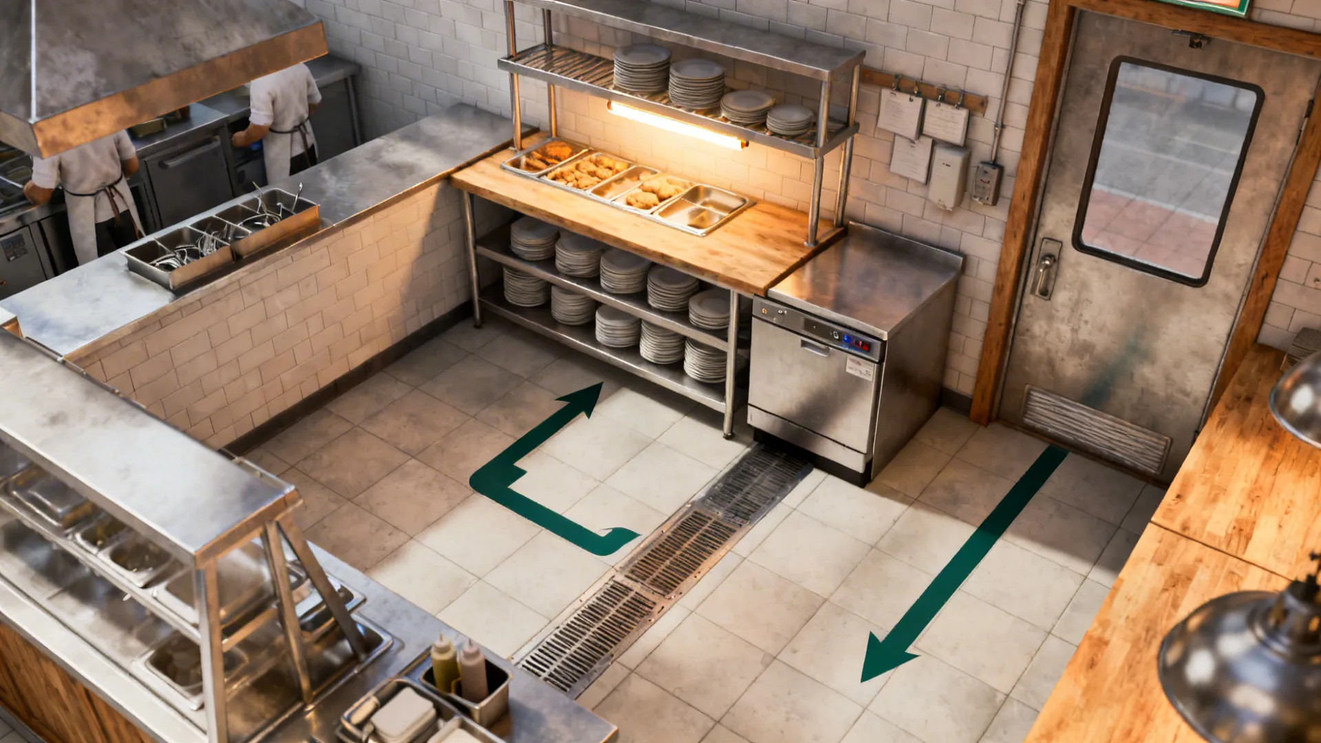 Top-down zoning of separate pickup shelf and dish return paths in a compact kitchen.