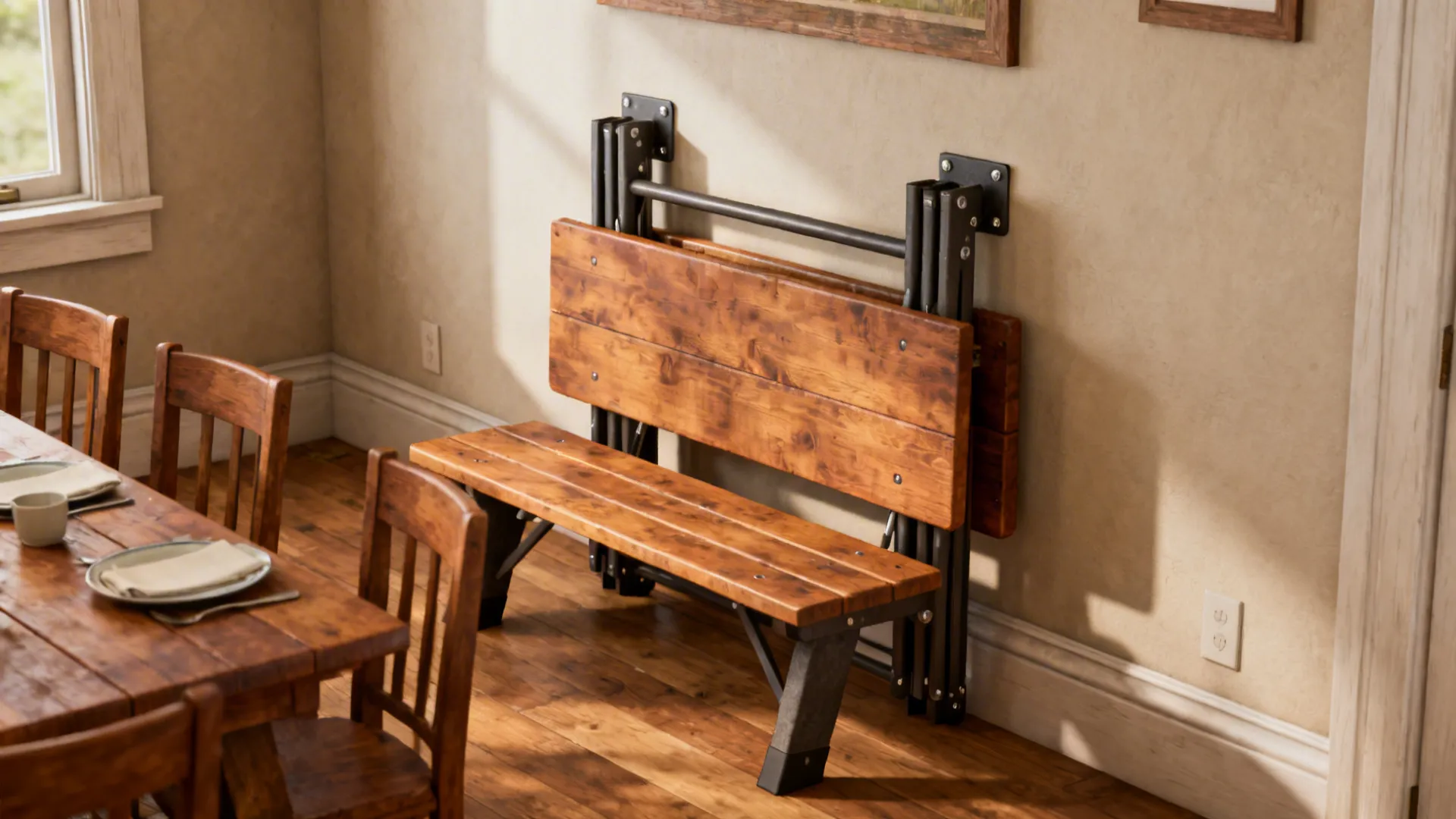 Foldaway picnic-style bench and table combo mounted on a wall, seating four and folded flat when not used.
