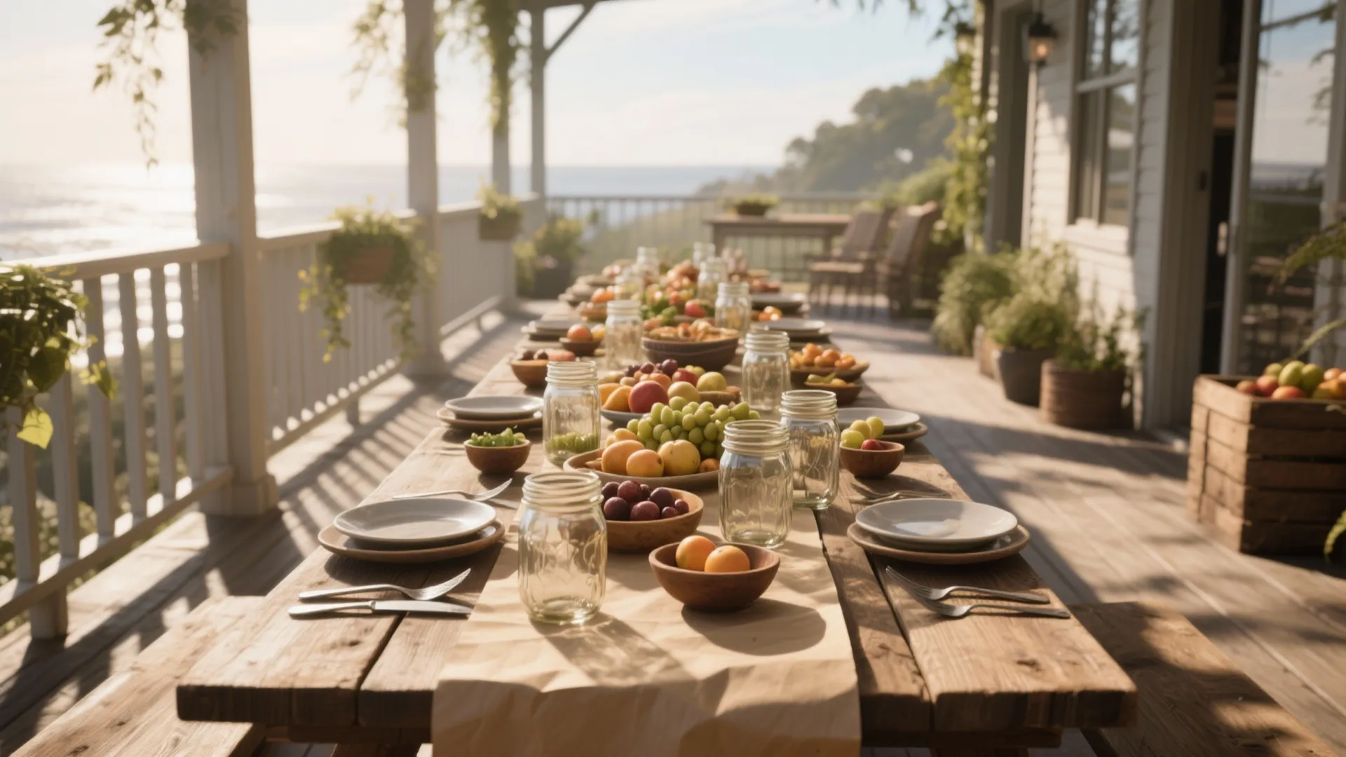 Long wooden table on a sunny balcony with sea view decorated with fresh fruits and jars