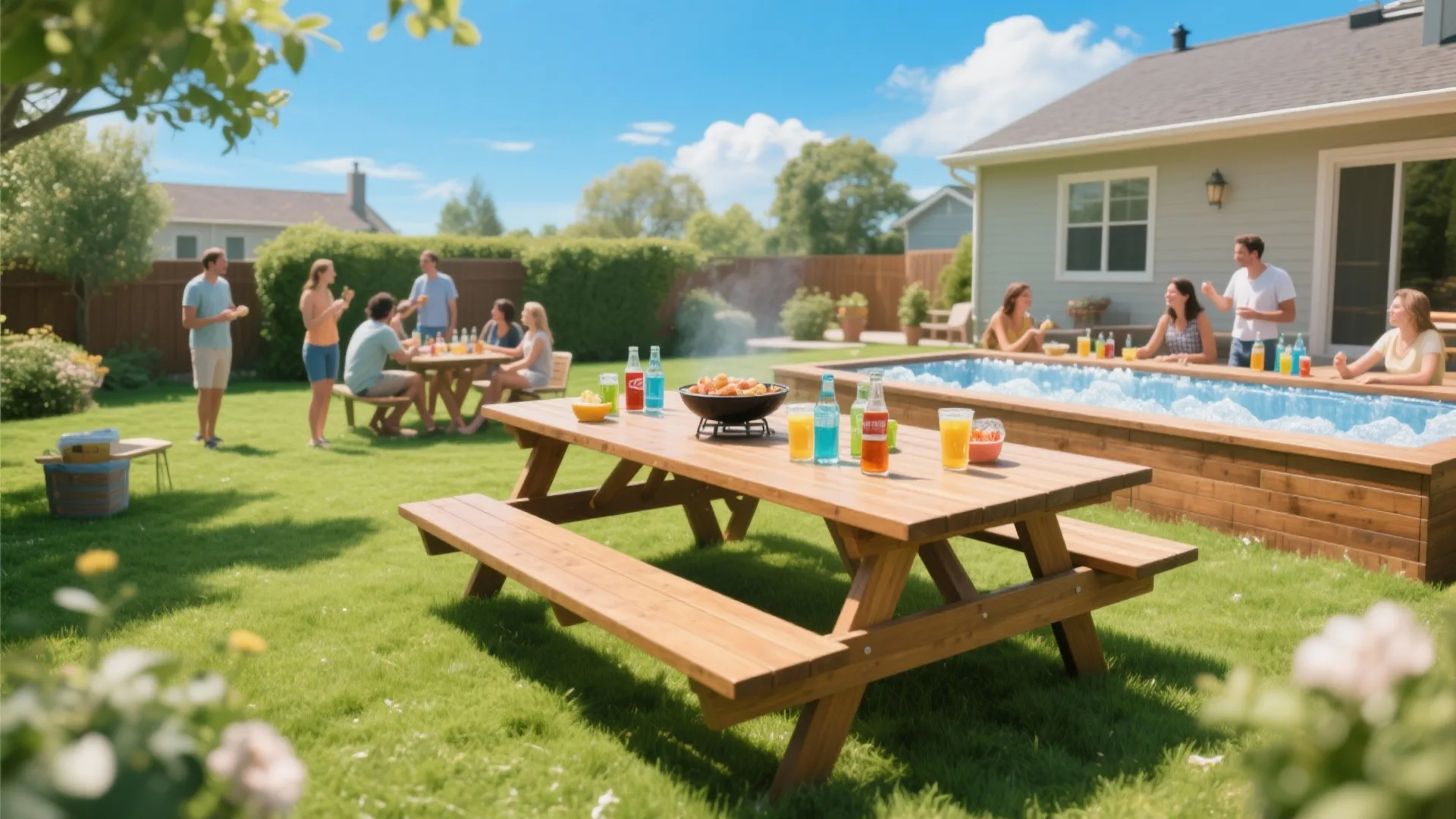 Wooden picnic table with built-in ice trough at a BBQ.