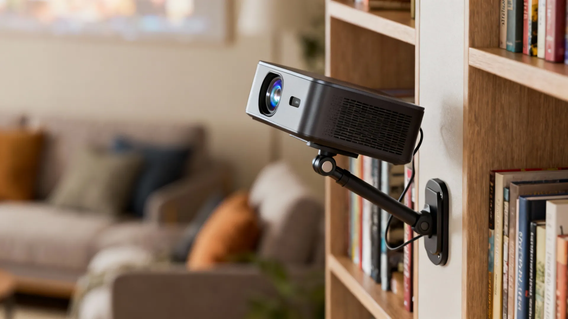 Pocket pico projector attached to a magnetic mount on a bookshelf wall