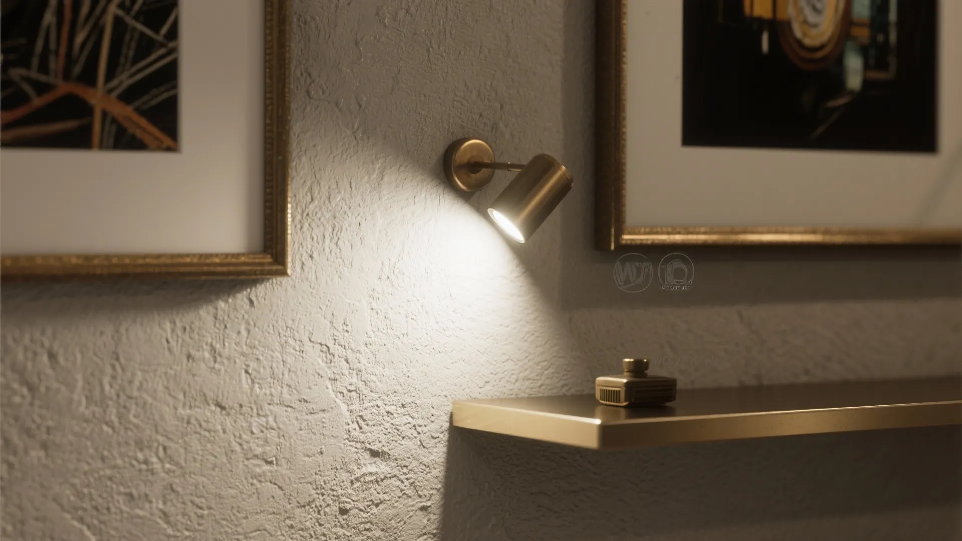 Brass wall light shining warm beam on textured wall between two framed pictures and shelf