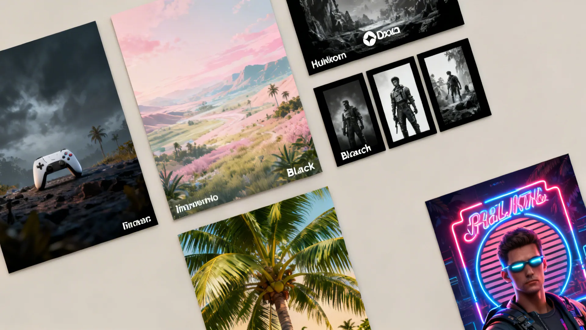 Top-down flatlay of example poster thumbnails and codes grouped by aesthetic