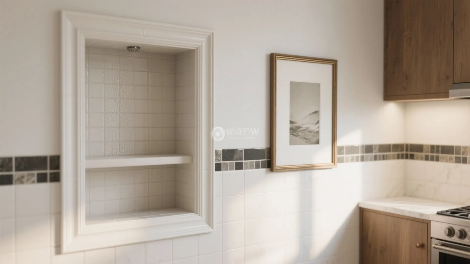 Modern kitchen with white wall tiles and mosaic border next to a small wall shelf