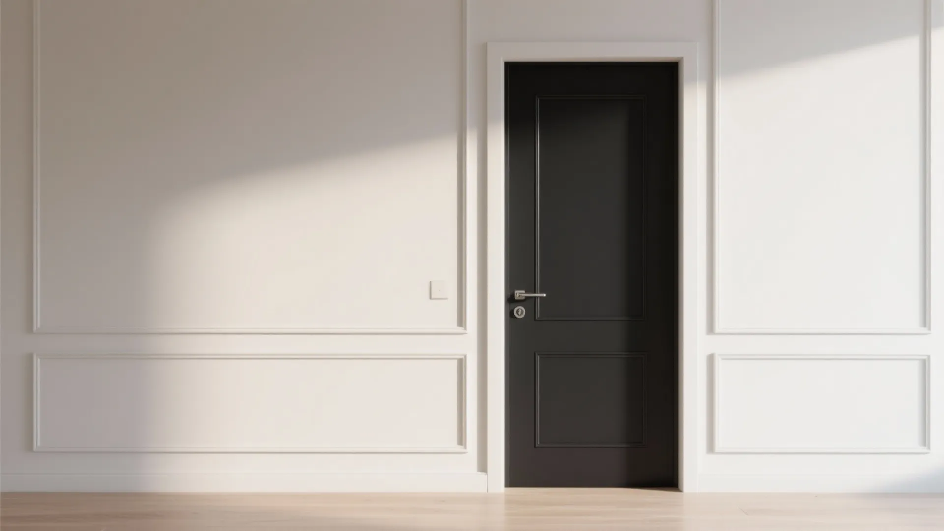Minimalist white wall with elegant wall panel designs and a modern black door for home