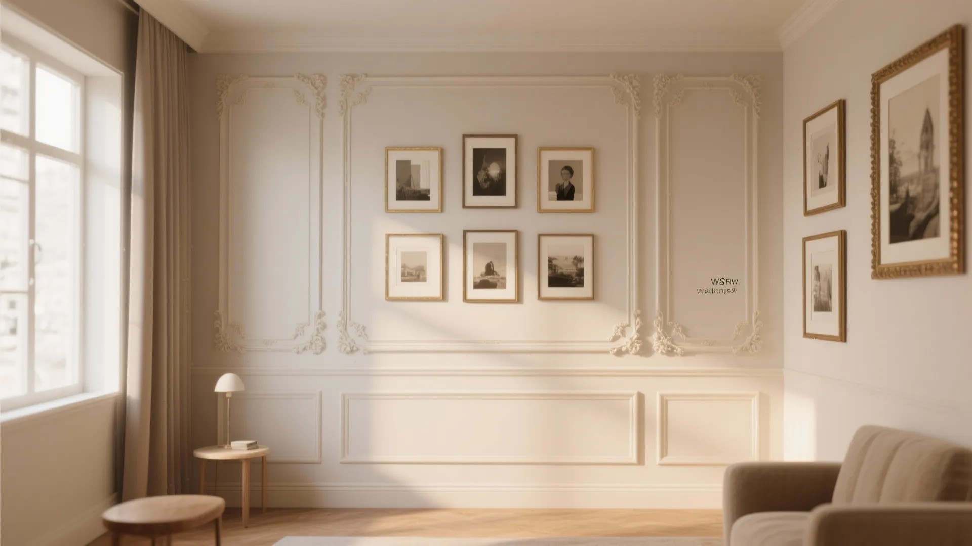 Classic white wall panels decorated with framed pictures beside a window and a wood table