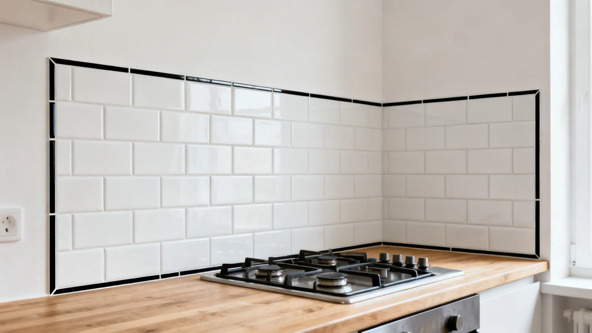 White subway tile backsplash framed by a thin black pencil liner around the cooking area.