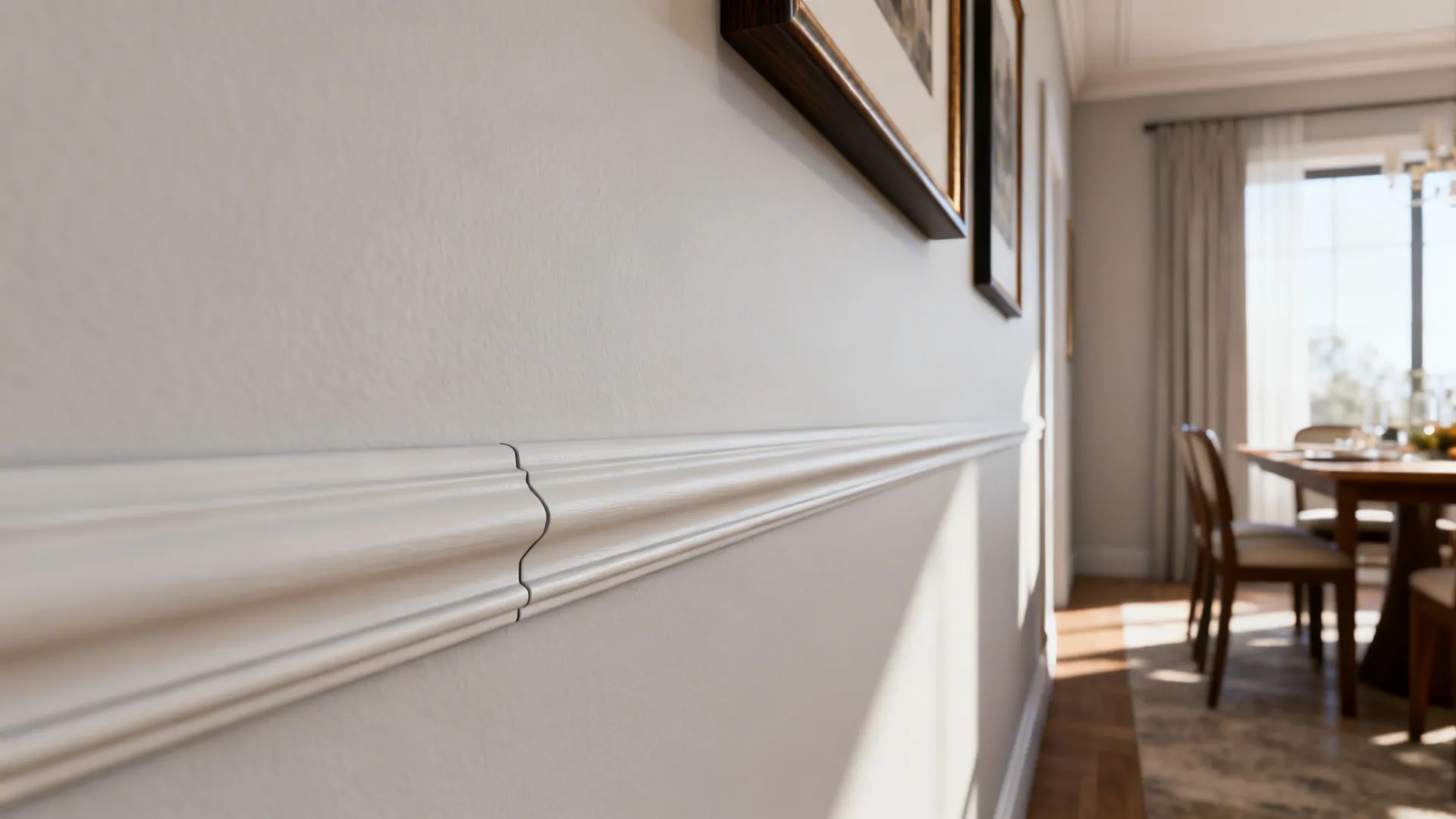 Close up of white wall panel molding on a wall with a dining room background