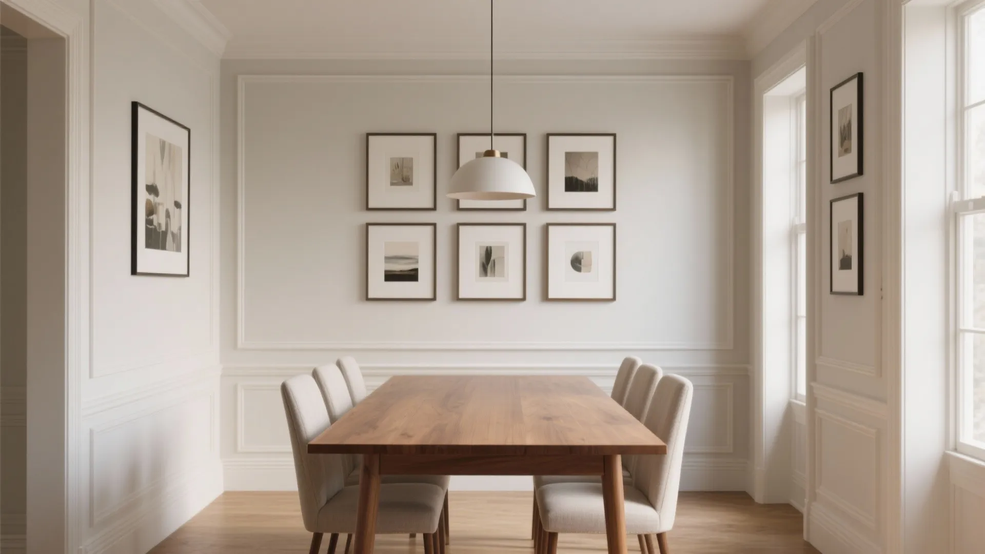 Modern dining room featuring wooden table white ceiling light framed wall art and white wall panels