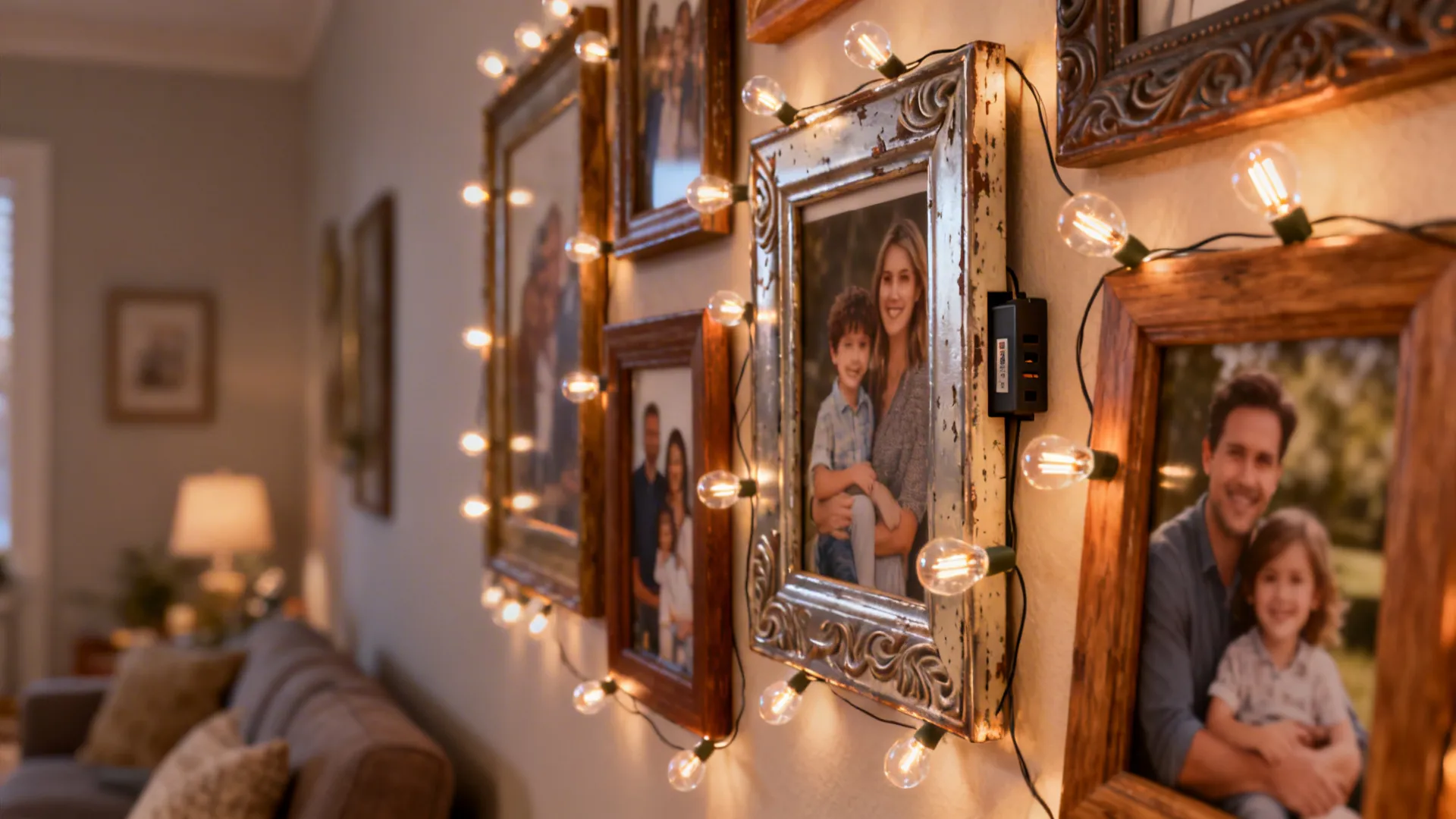 Gallery wall with fairy lights creating a whimsical halo around picture frames