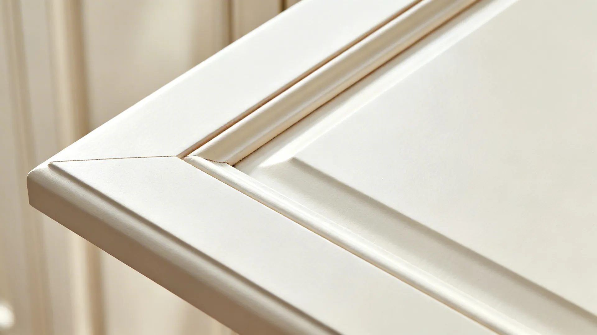 Macro of a thin picture-frame groove with crisp mitered corners on a cabinet door.