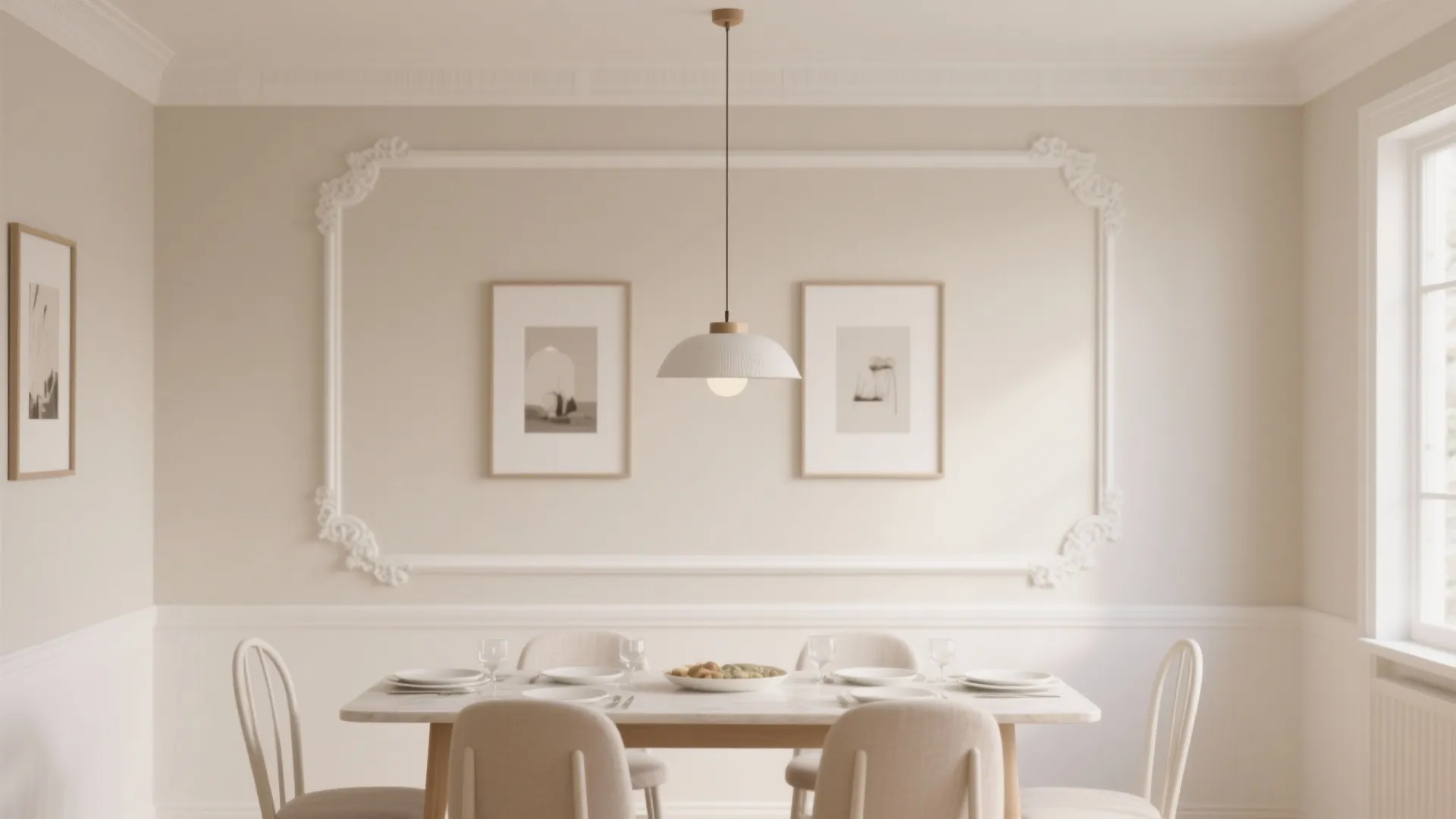 Elegant dining room with cream wall panels white ceiling light and simple framed wall art
